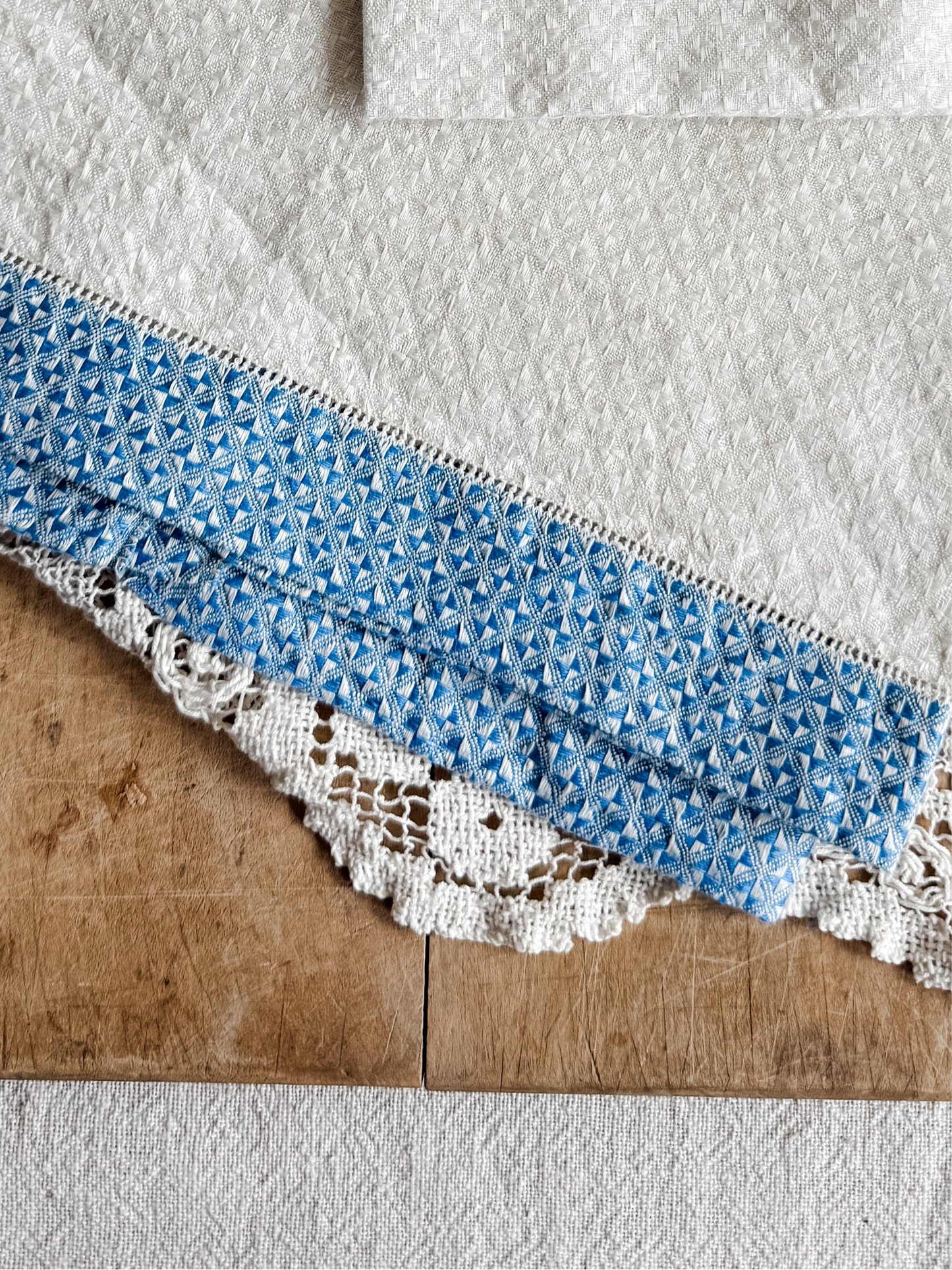 Vintage beige and blue linen guest towel