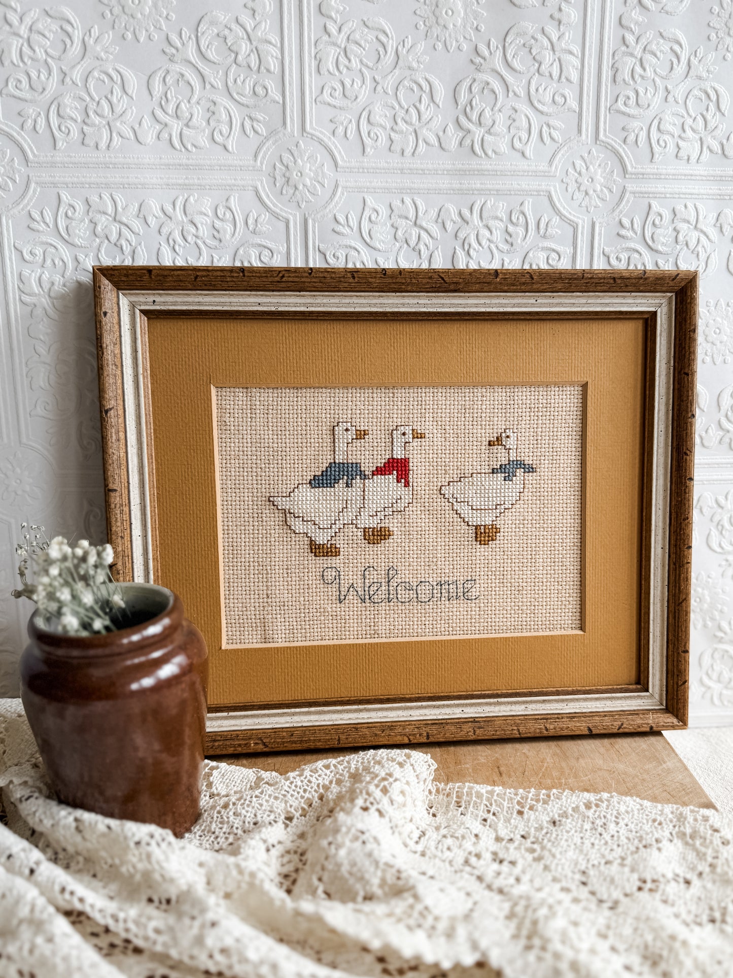 Handmade Cross stitched Welcome Goose Sign