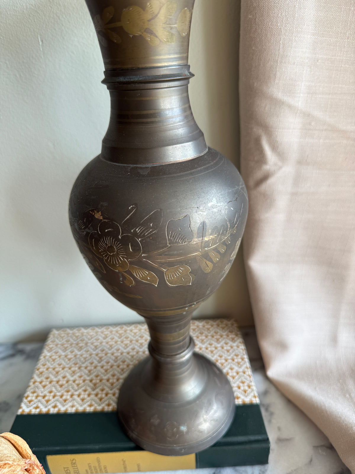 Extra large hand etched brass vase with scalloped edge