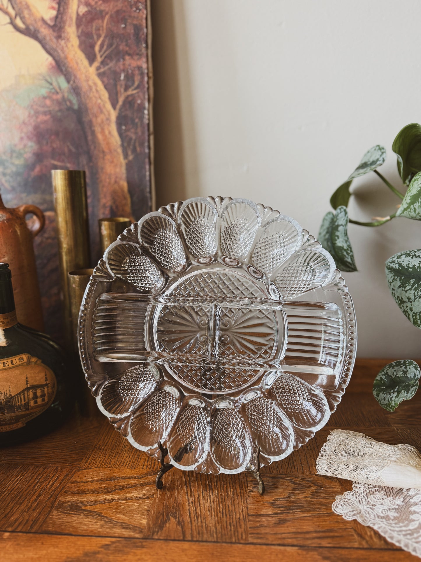 L.E. Smith pressed glass deviled egg and relish tray in the “Heritage” pattern