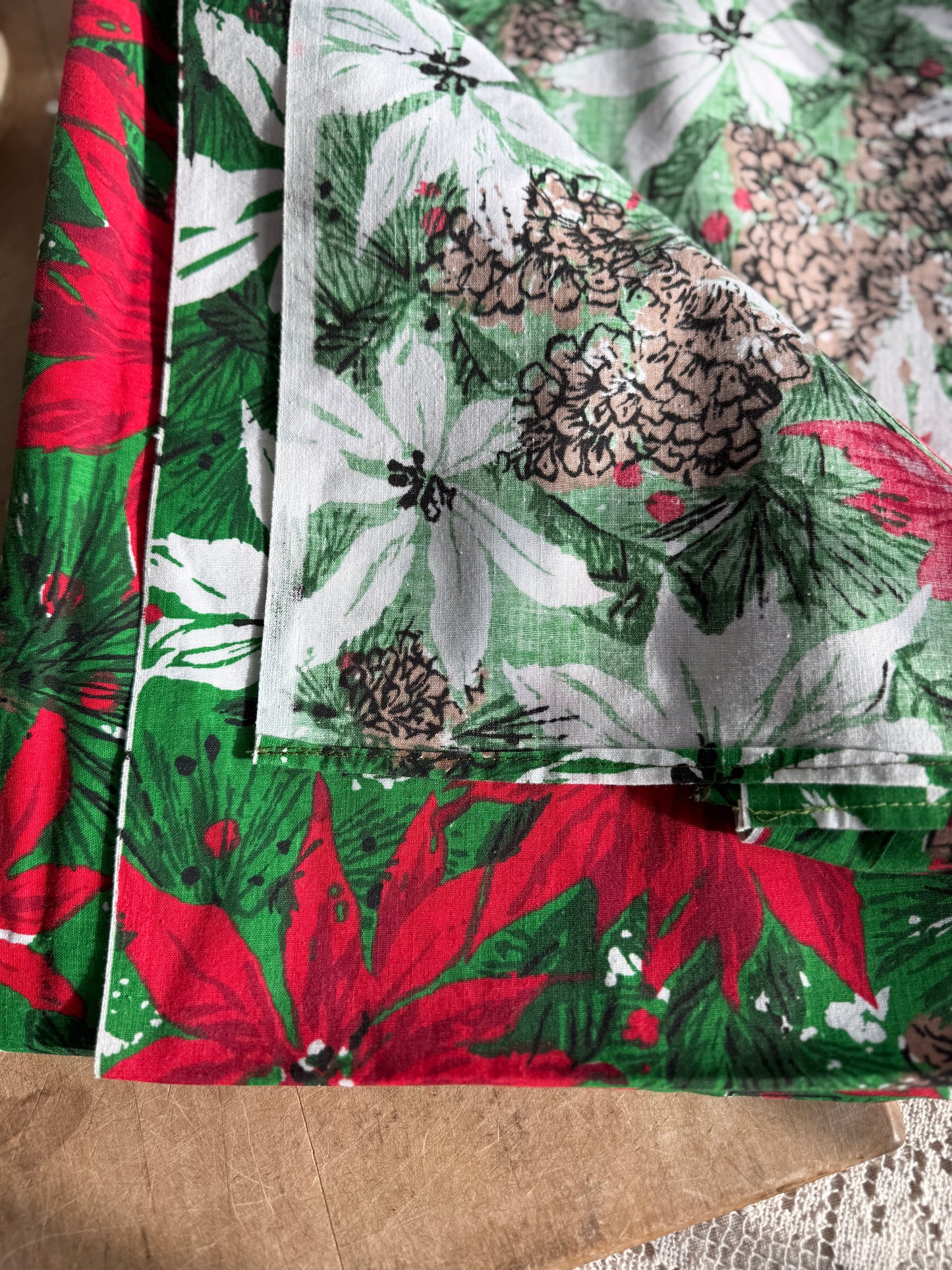 Vintage Poinsettia and Pinecone Tablecloth