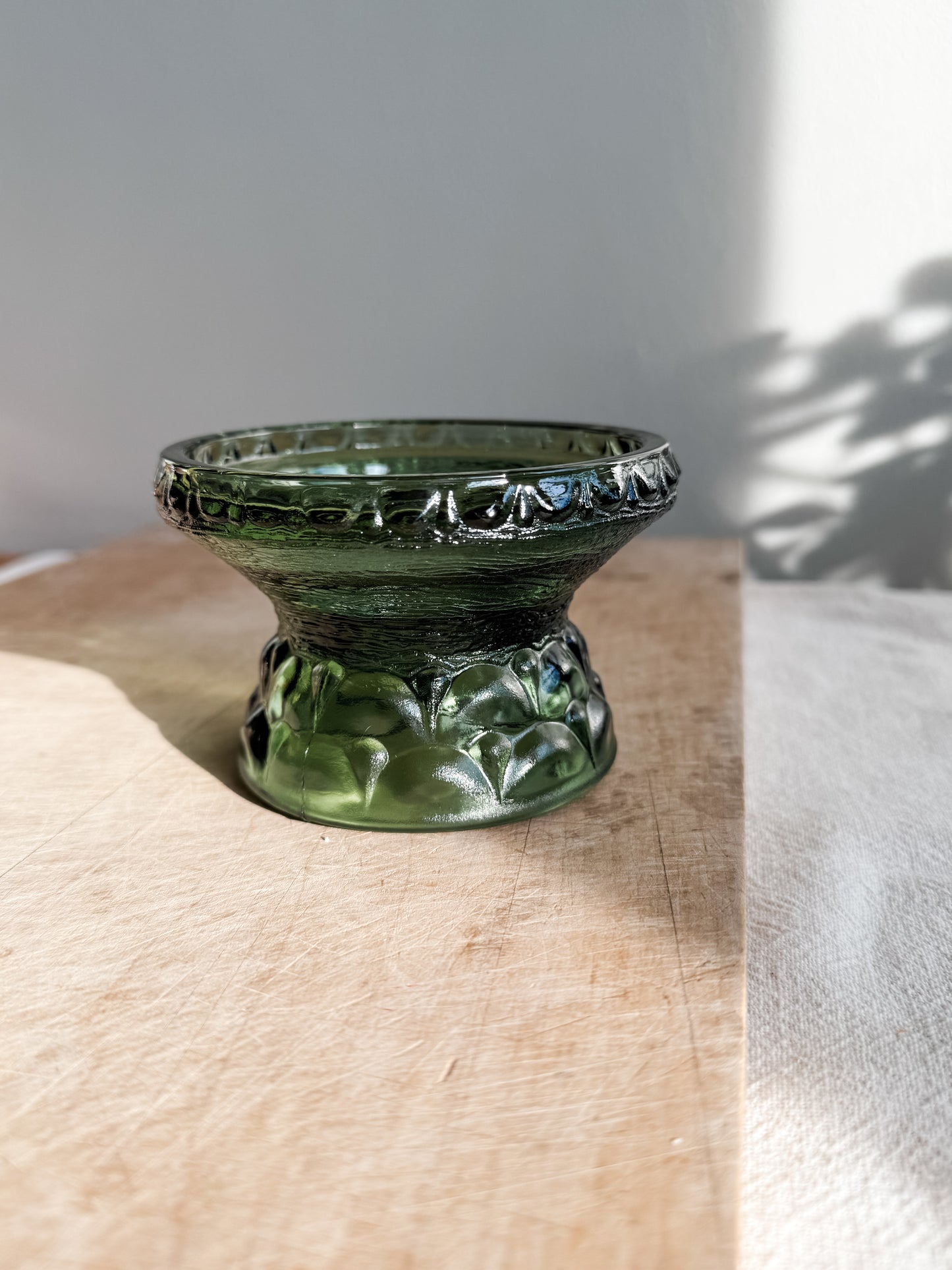 Side view Anchor Hoking Olive Green glass pillar and taper candle holder