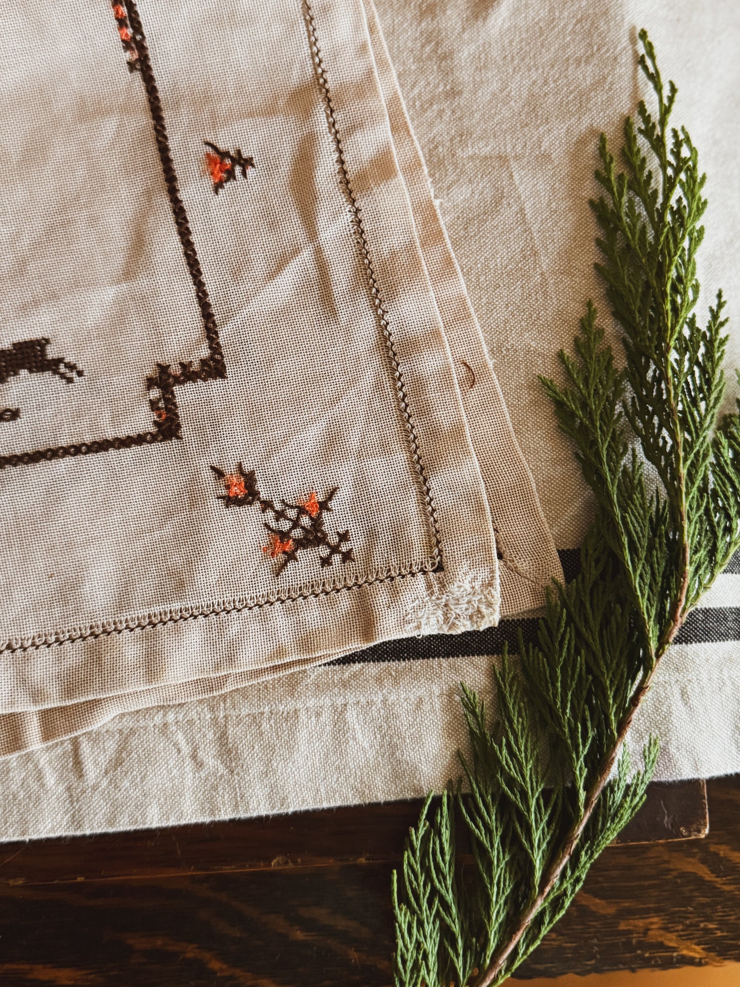 Hand Embroidered folk art table runner with deer