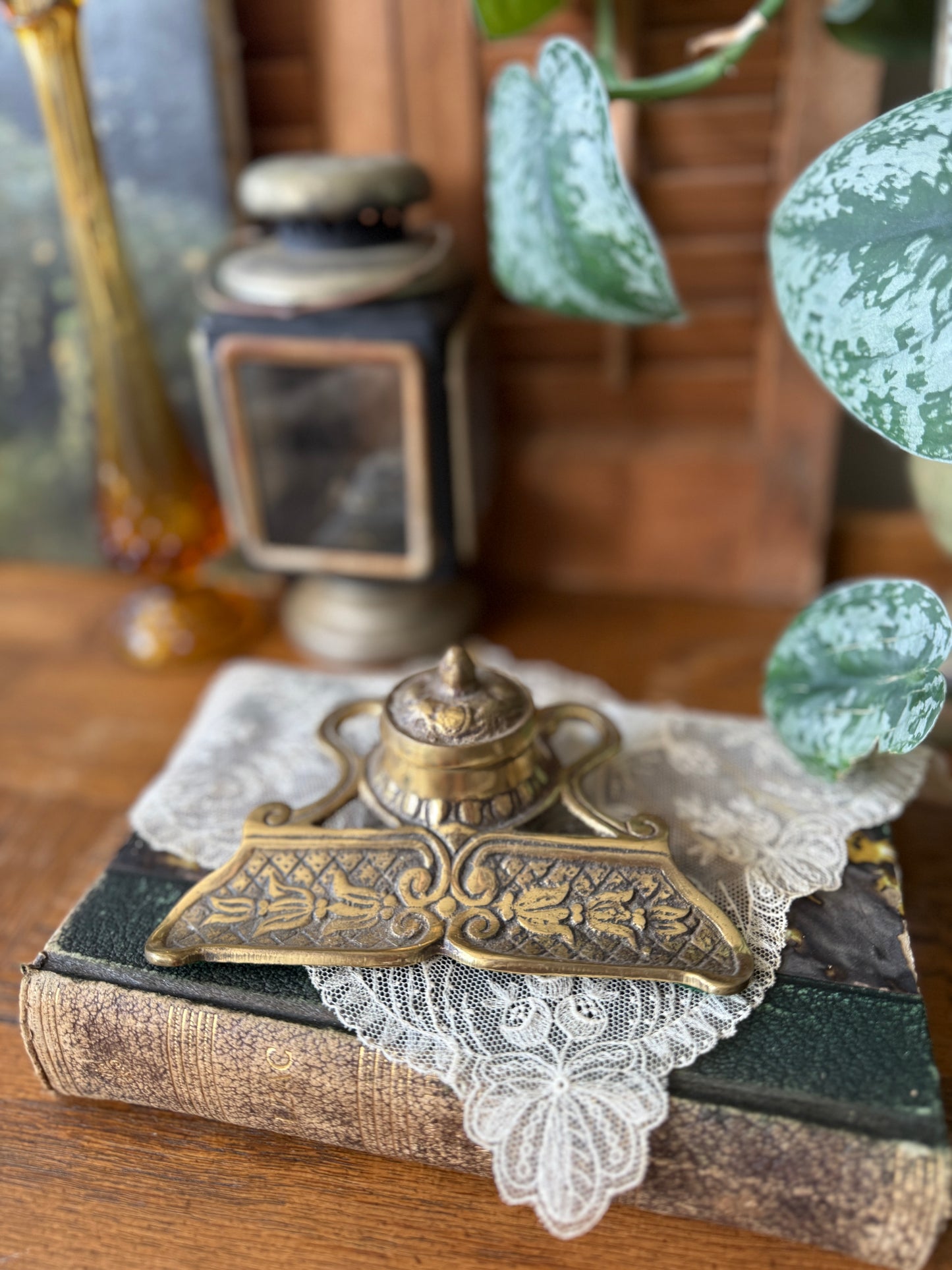 Ornate Vintage Brass Inkwell