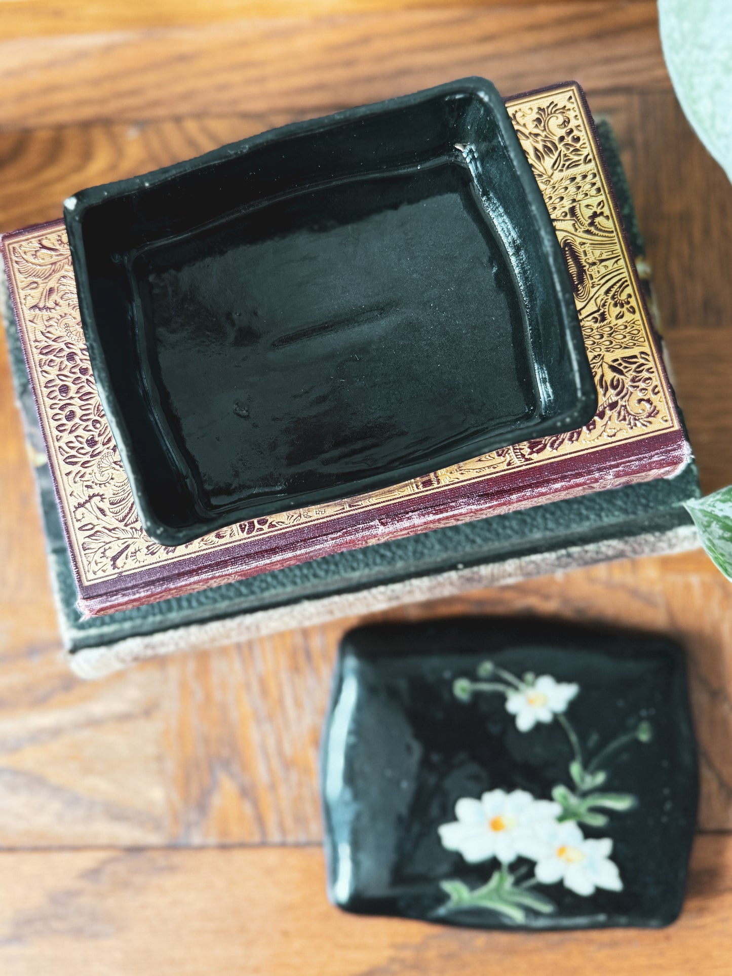 Black handpainted trinket box with daisies