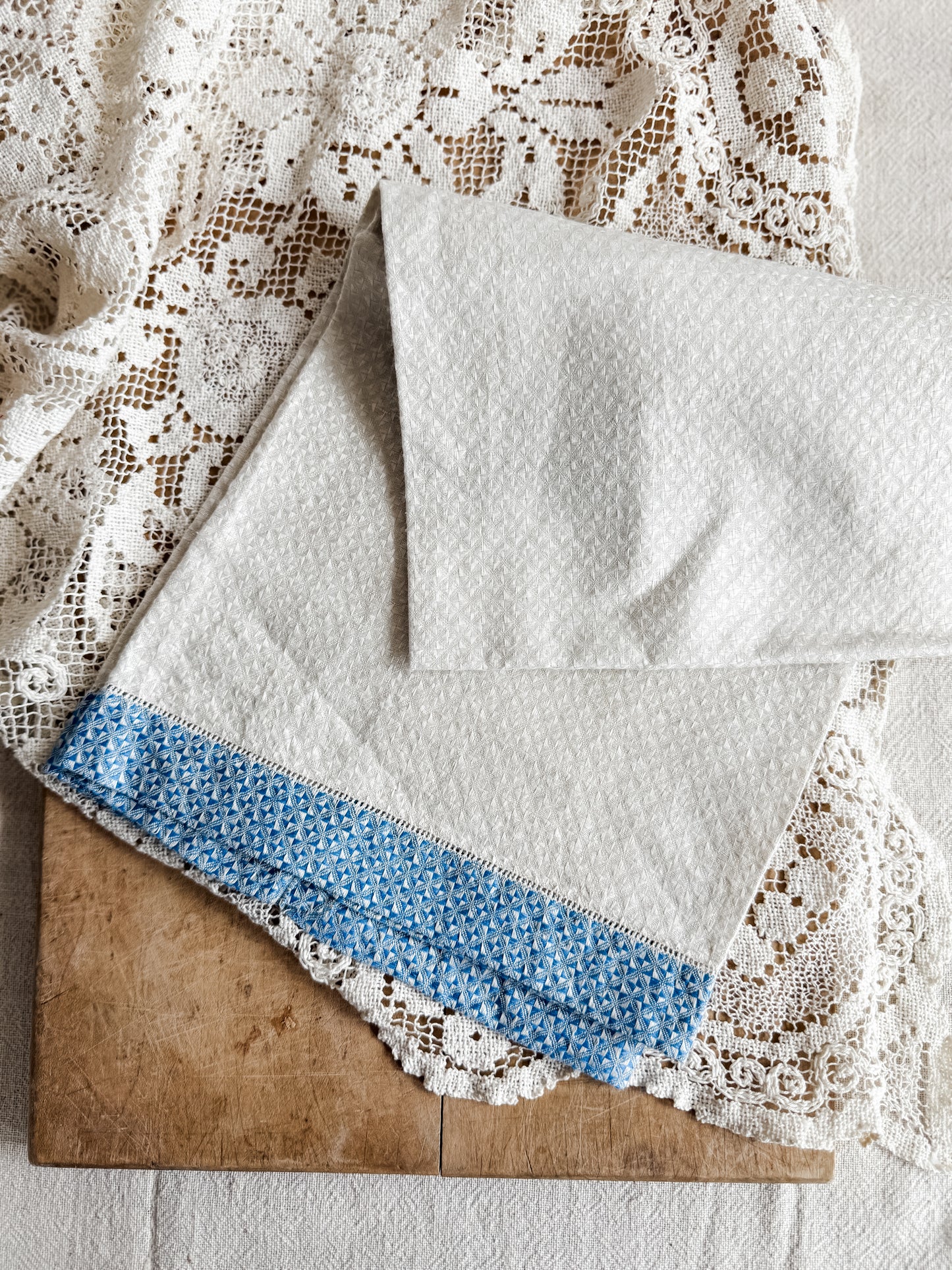 Vintage beige and blue linen guest towel