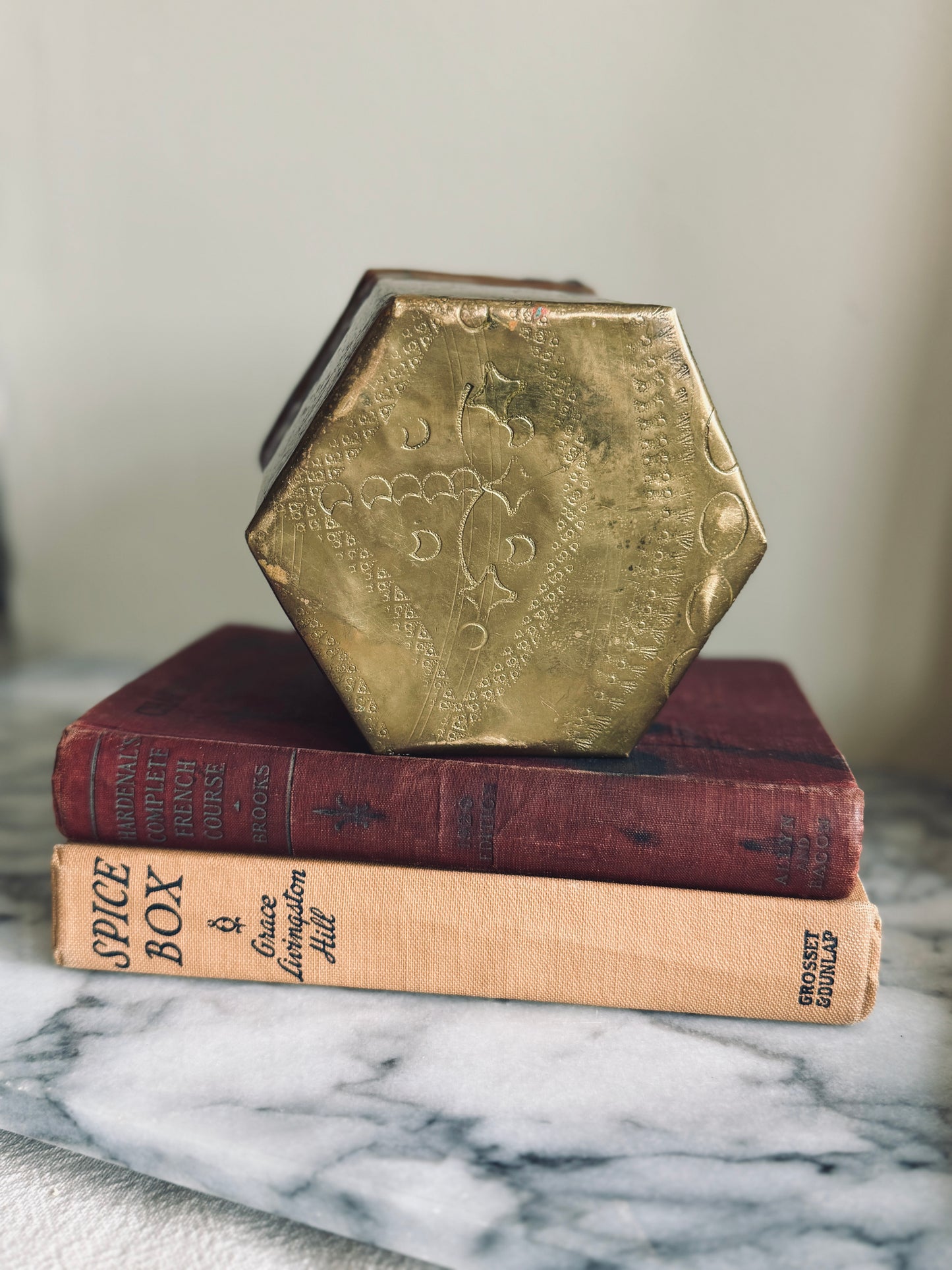 Lidded brass and copper canister