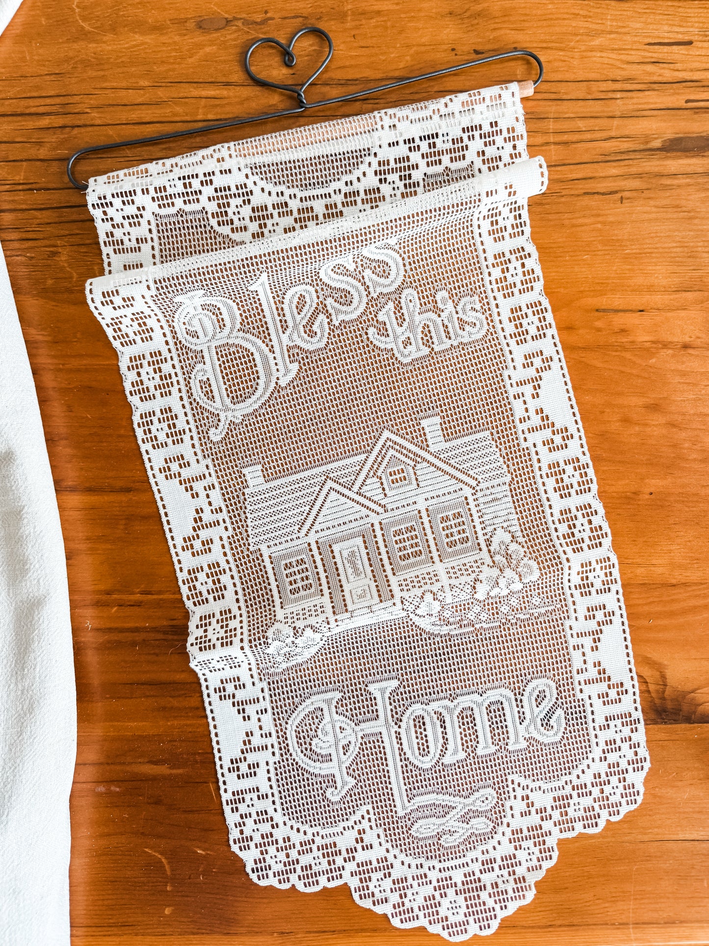 White lace wall hanging, Bless This Home