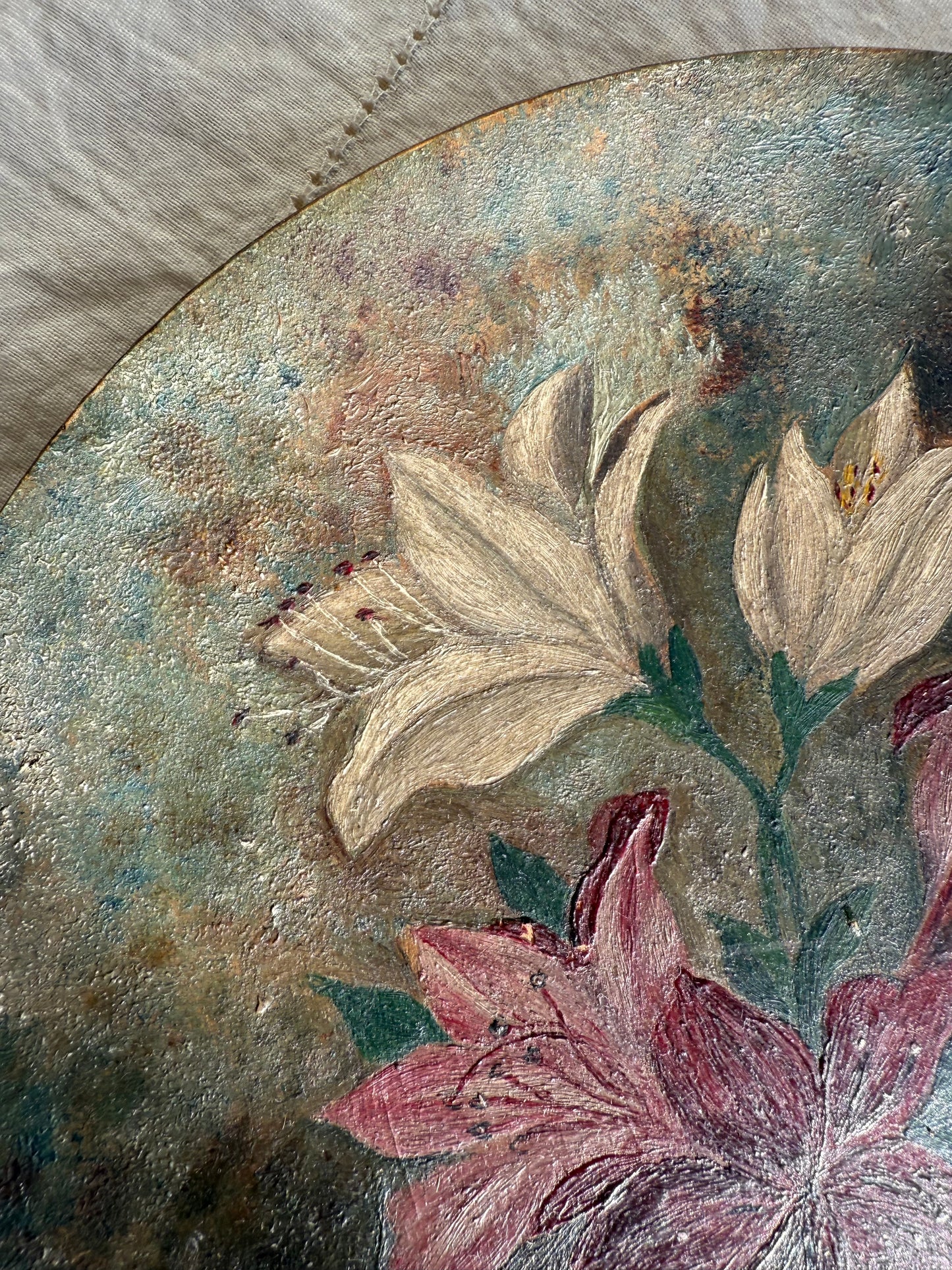 Vintage Hand painted wooden plate with red florals Wall Decor