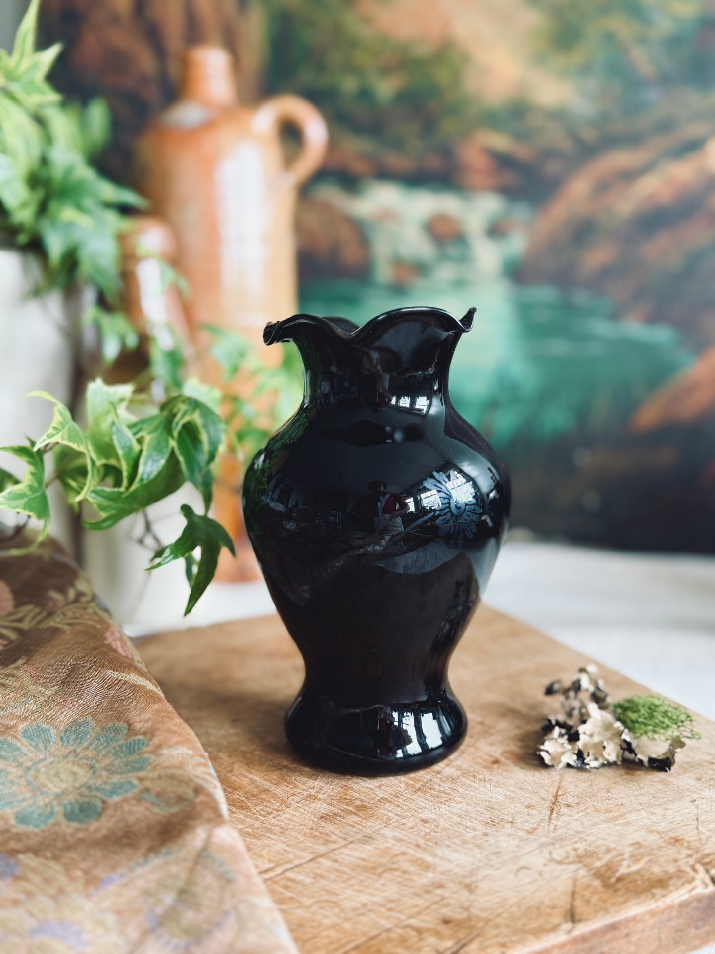 Vintage black amethyst ruffled vase with floral design