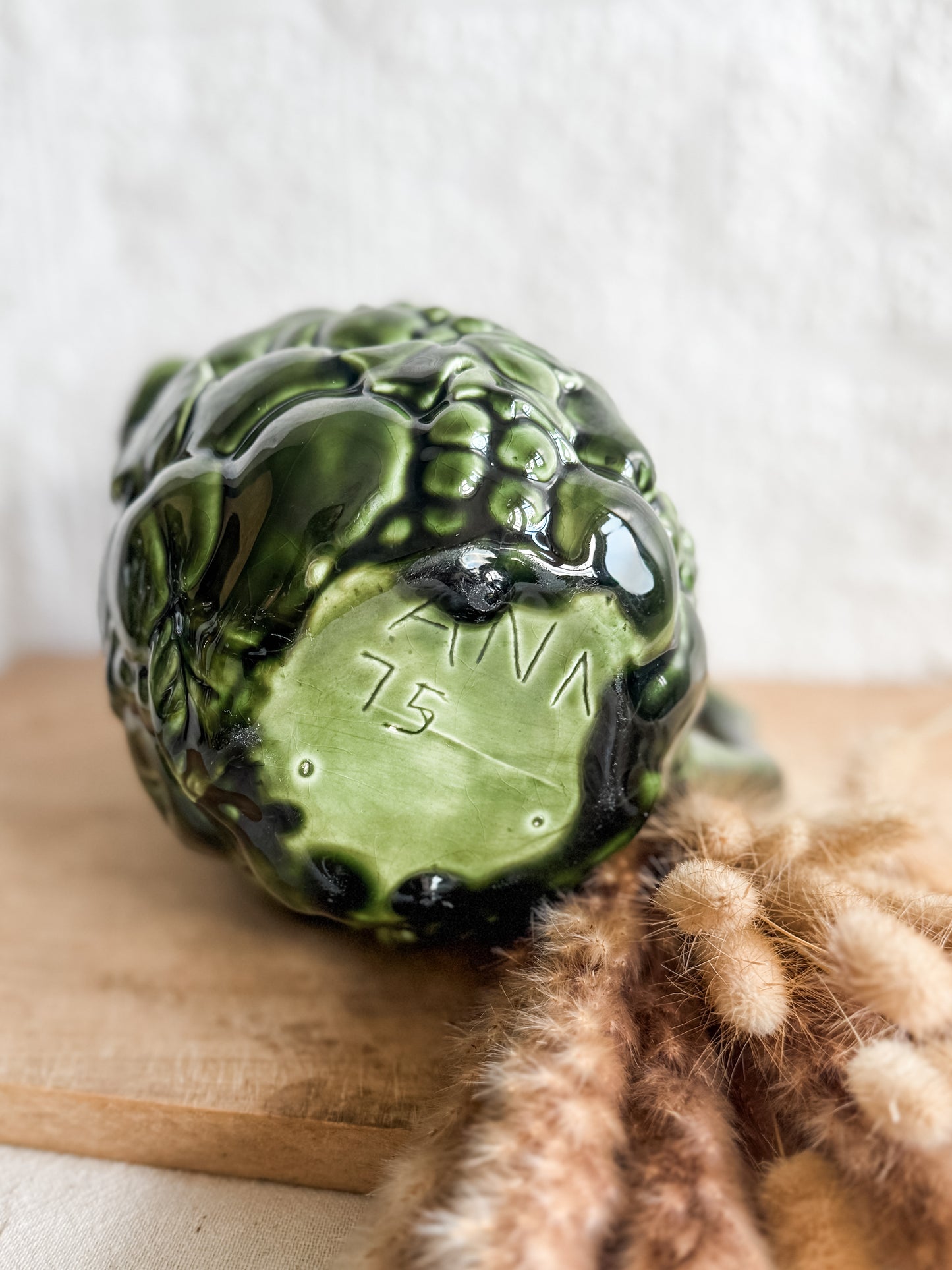 Green Ceramic Vase with Fruit Motif