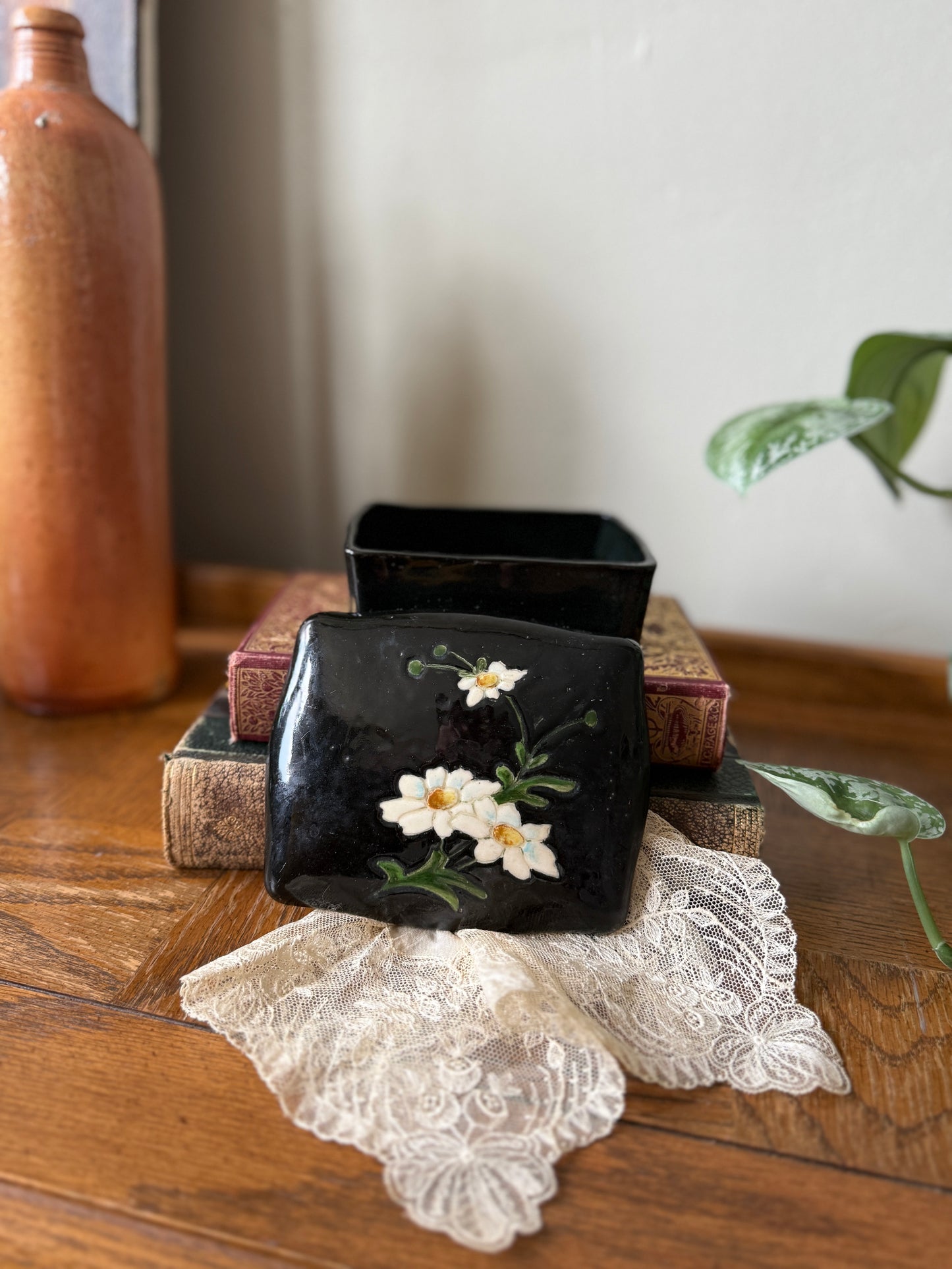Black handpainted trinket box with daisies