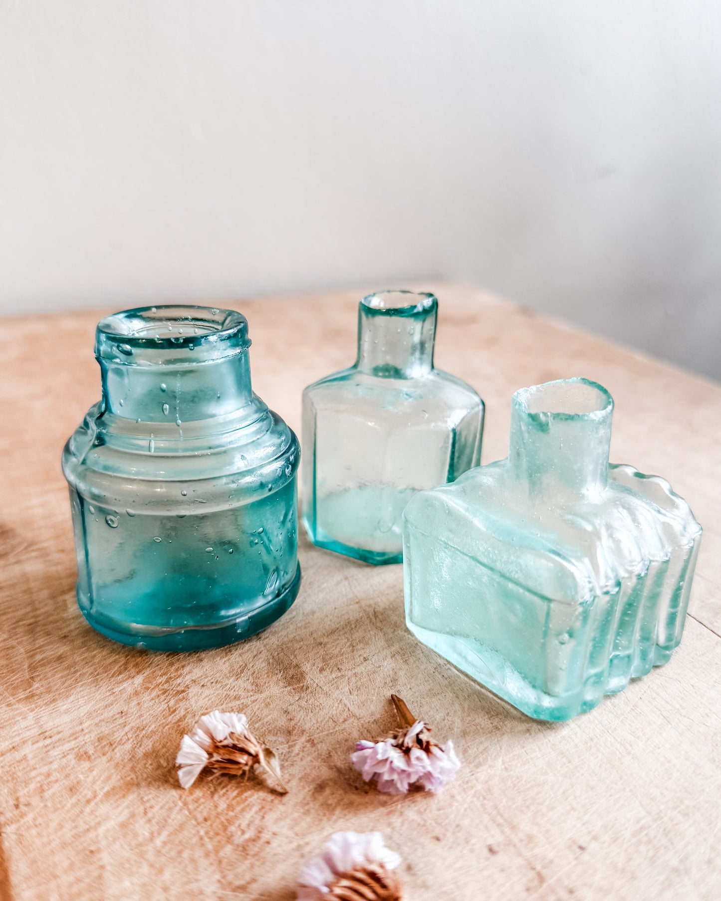 Antique Aqua Glass English Victorian Inkwells