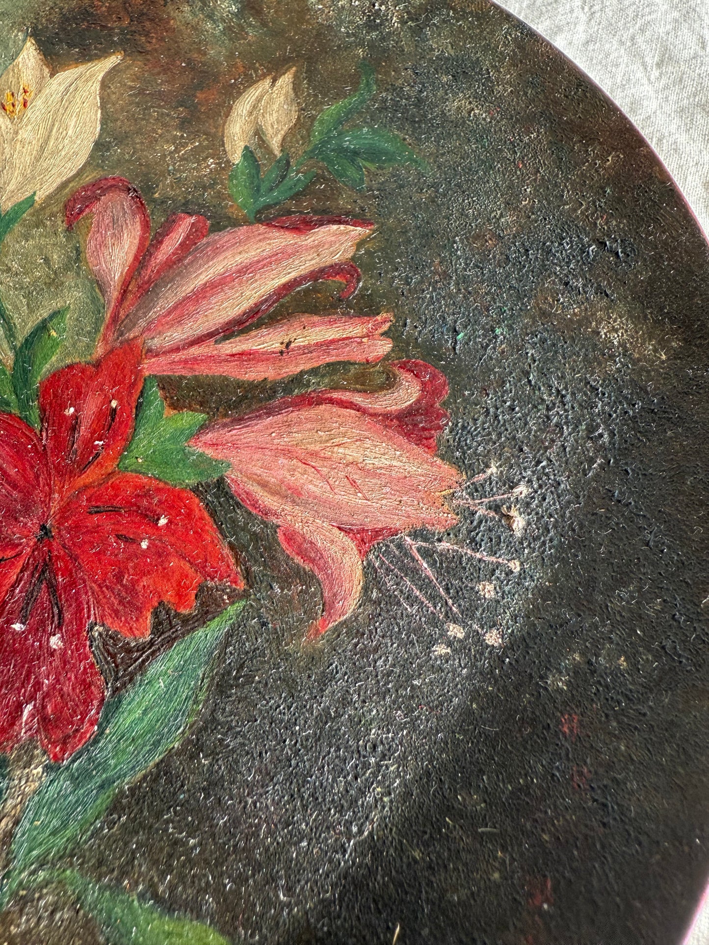 Vintage Hand painted wooden plate with red florals Wall Decor
