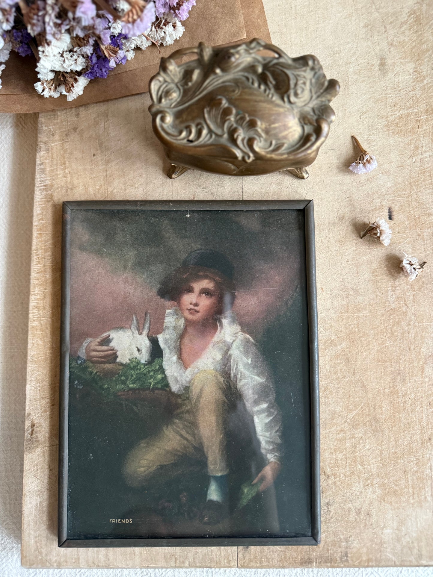 Metal Framed Boy with Rabbit Lithograph Wall Decor