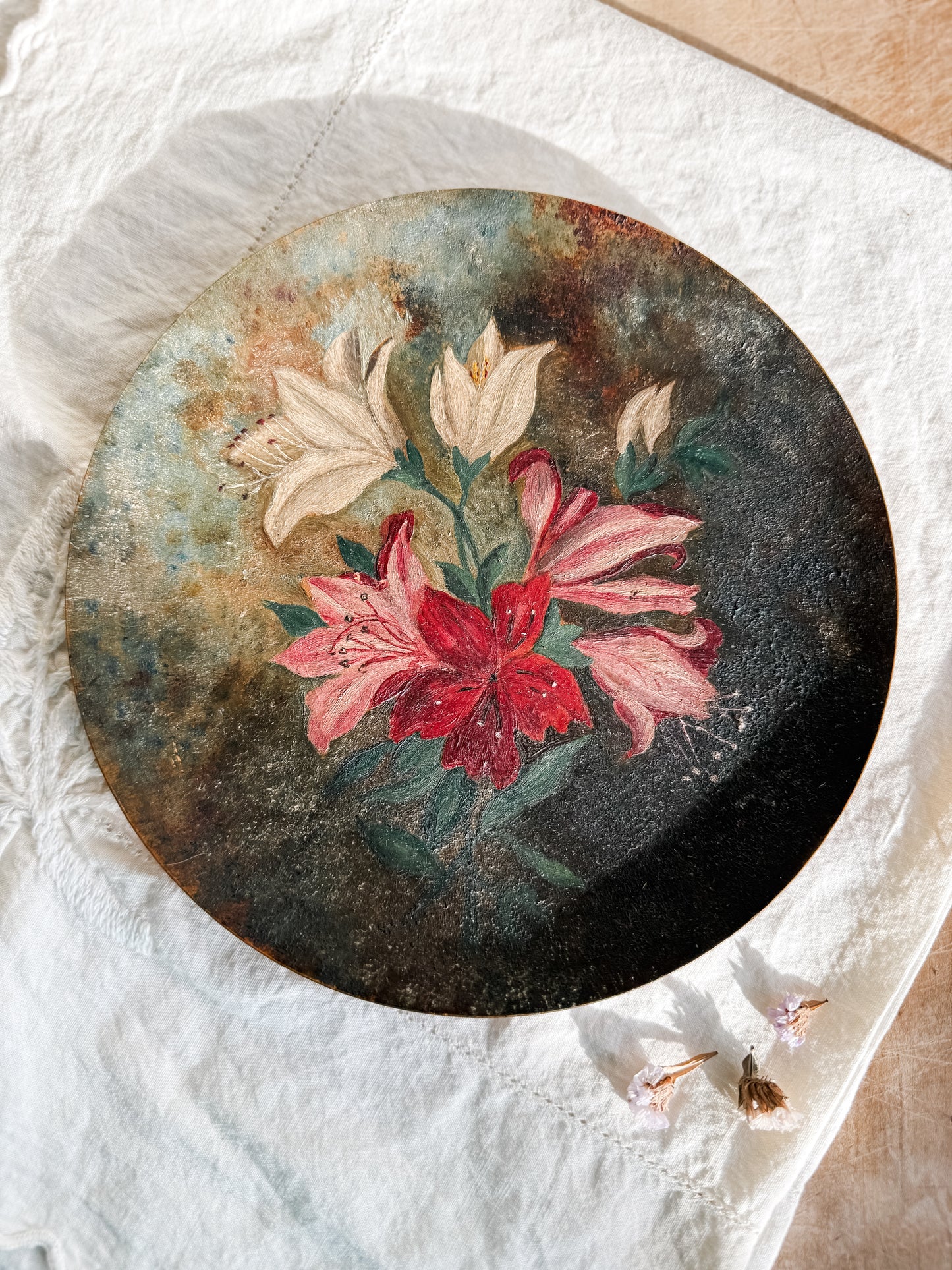 Vintage Hand painted wooden plate with red florals Wall Decor