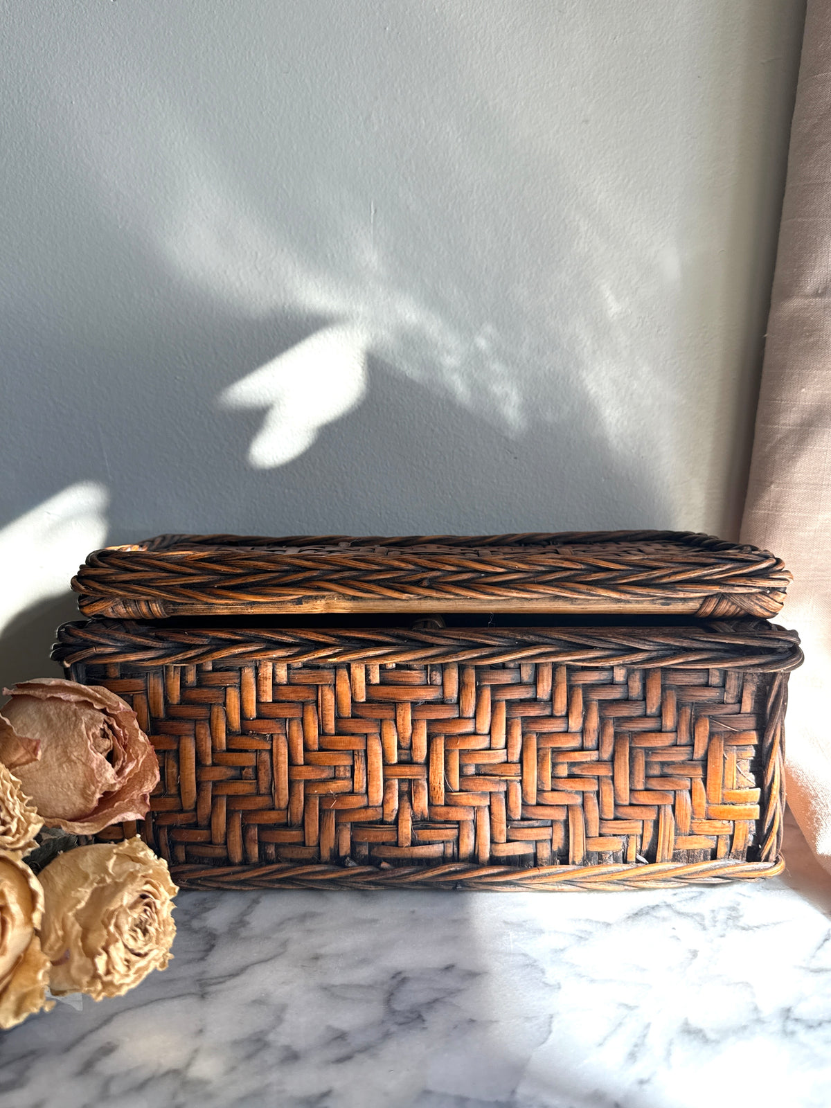 Vintage bamboo and rattan handwoven lidded basket
