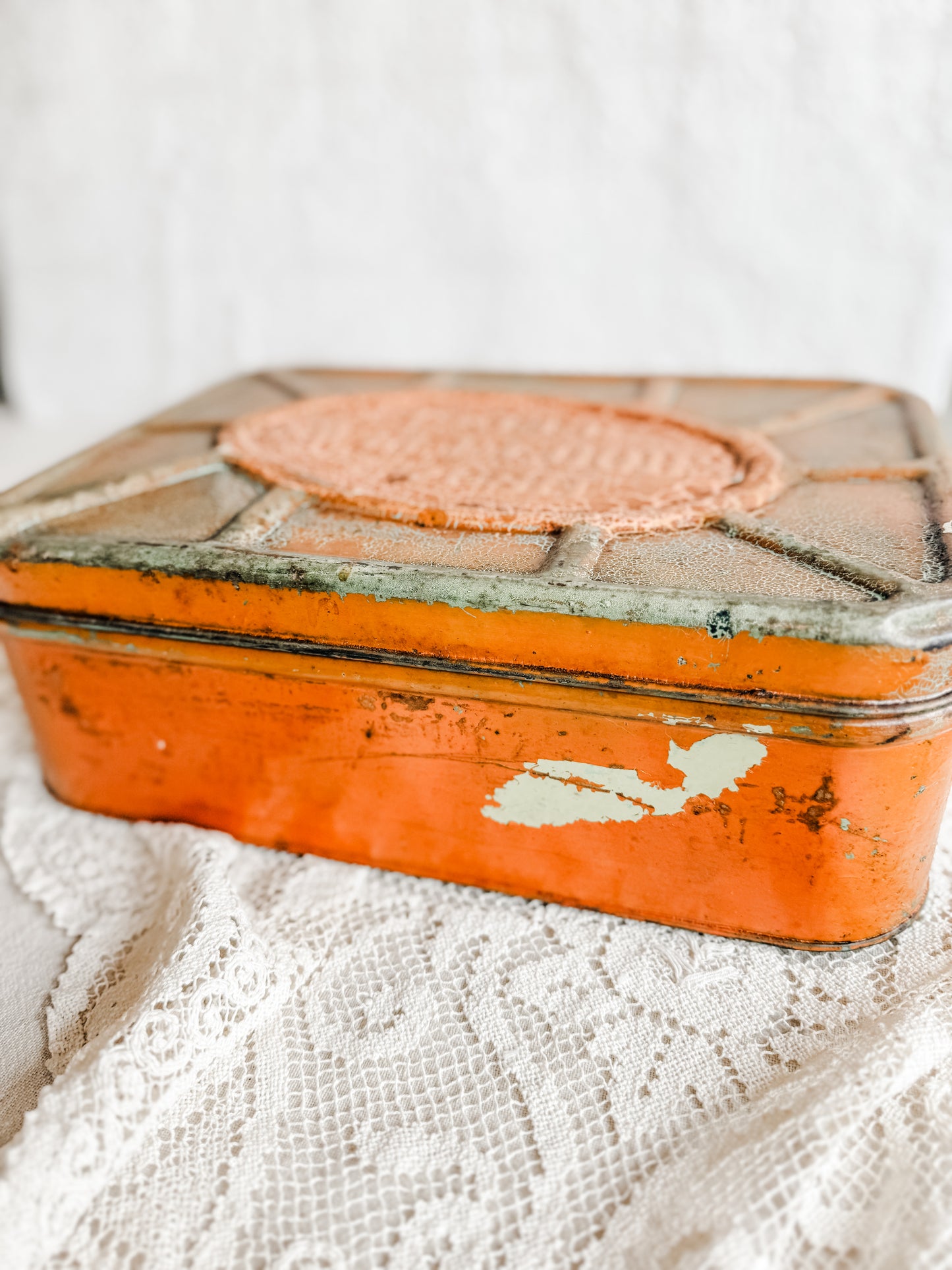 Vintage Rusty and Chippy Green and Orange Metal Bread Tin