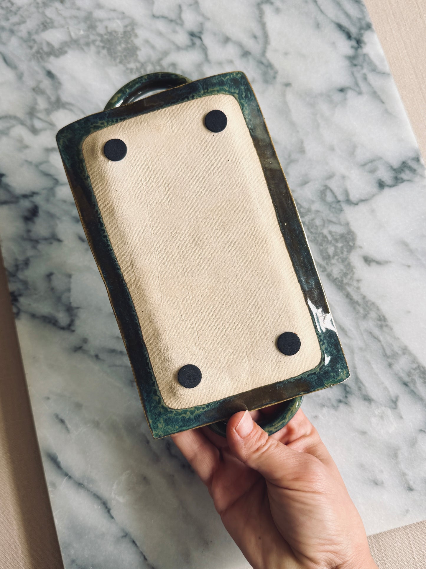 Studio pottery trinket tray with unique handles