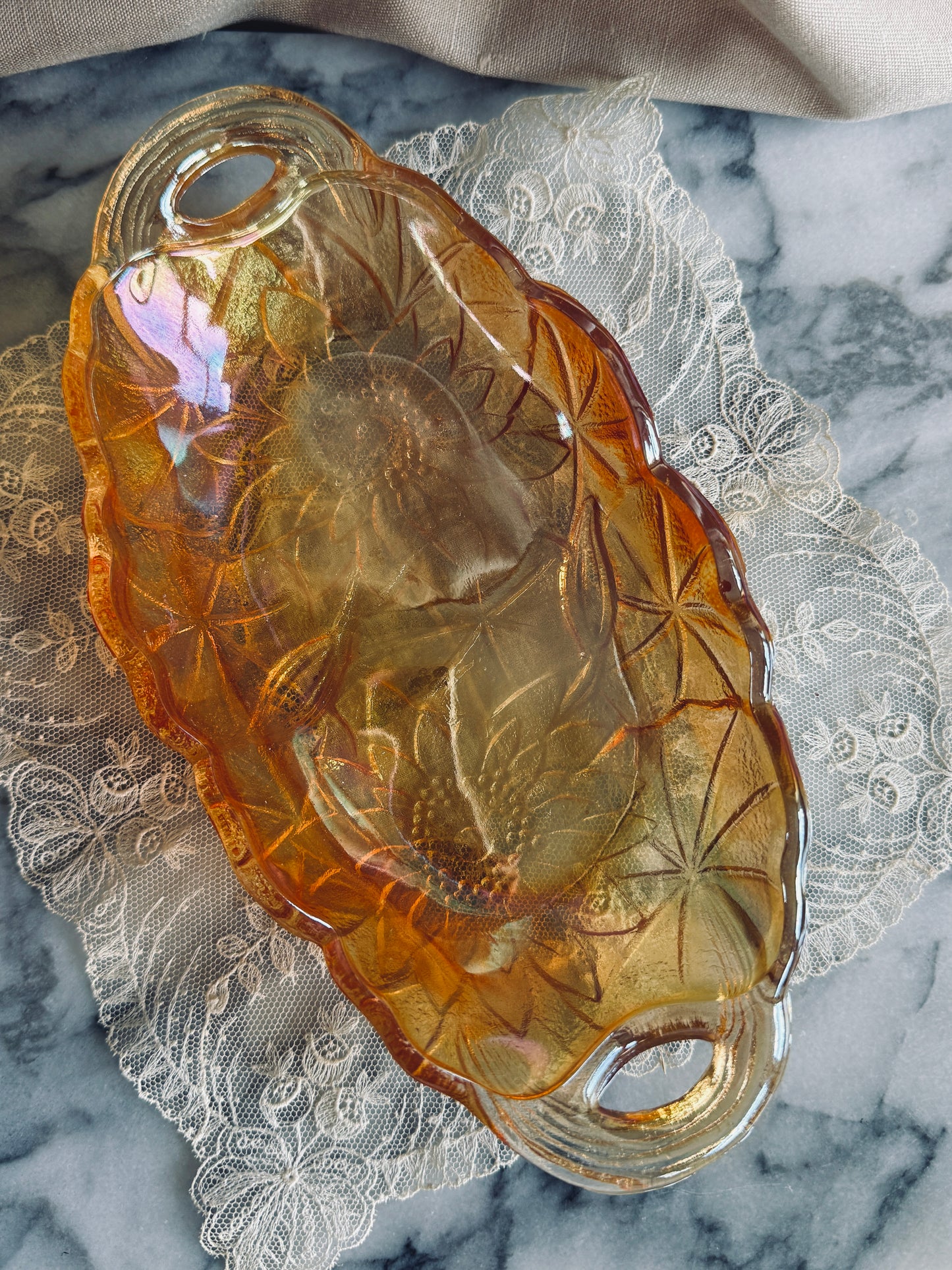 Indiana glass handled dish with florals
