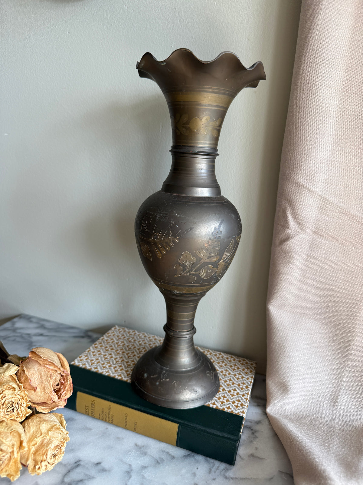 Extra large hand etched brass vase with scalloped edge