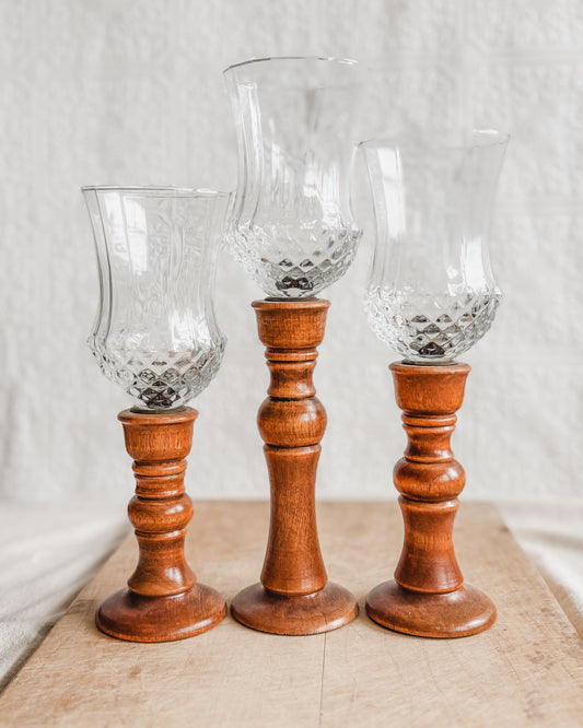 Three Wooden Candlesticks with Glass Votives Holders