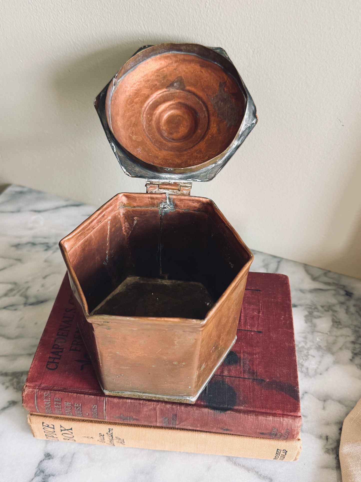 Lidded brass and copper canister