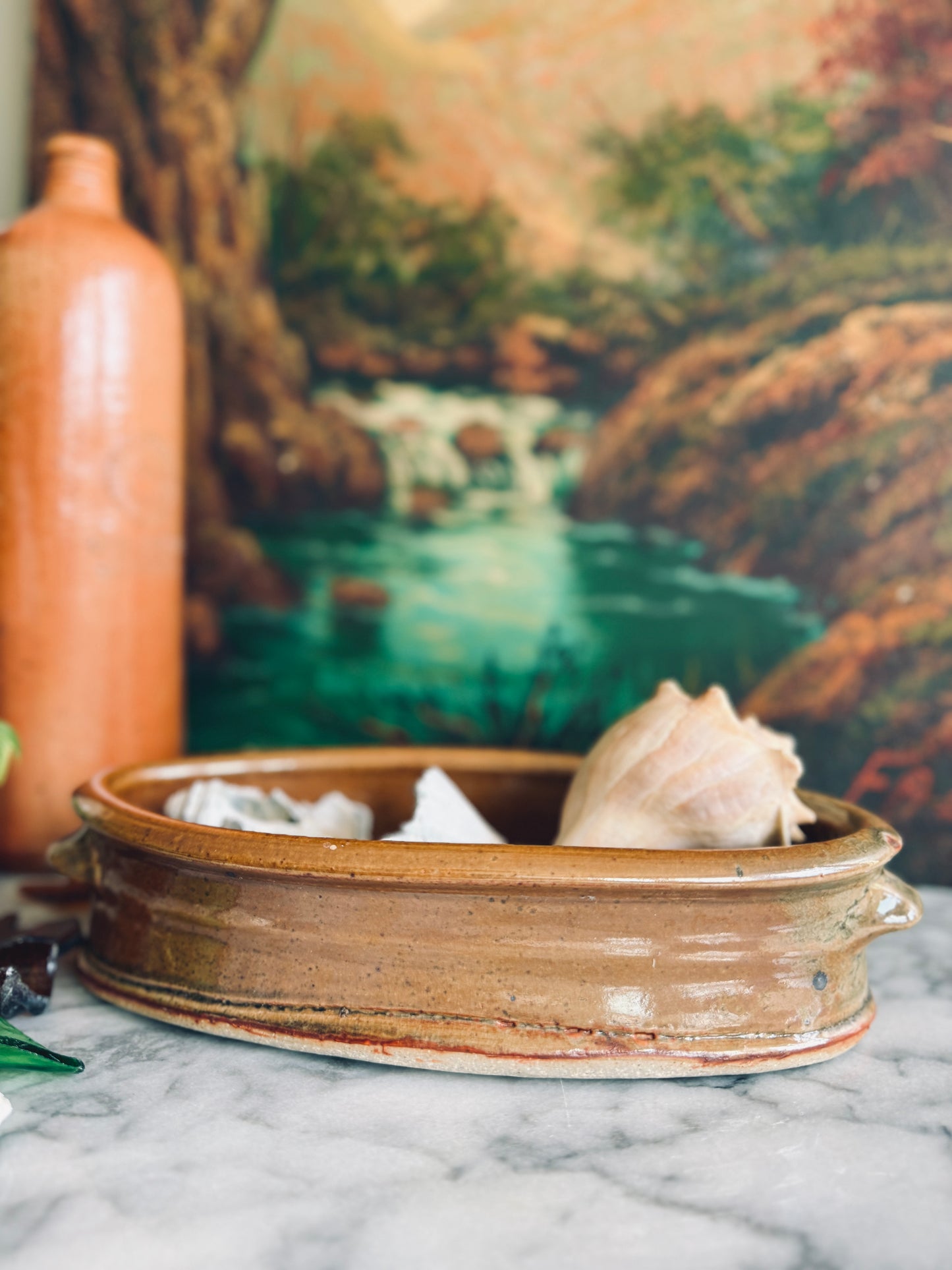 Studio pottery oval dish with handles