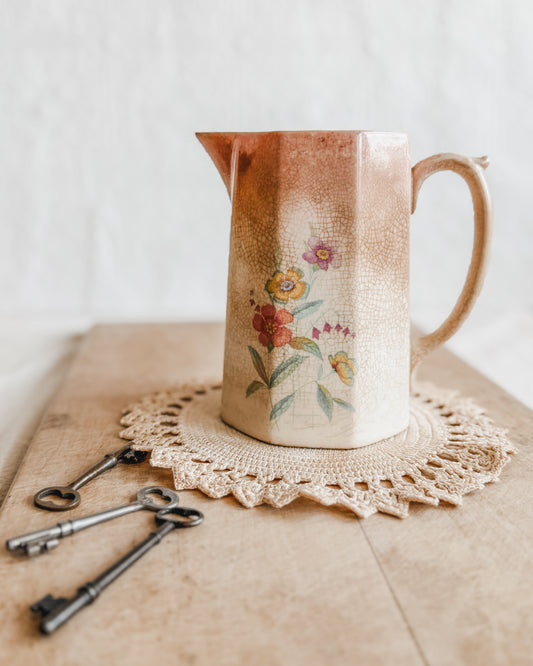 Stained and Crazed Floral Pitcher |Shop Sustainable Antiques/Vintage Boutique | Cottage Farmhouse Light Academia Home Decor