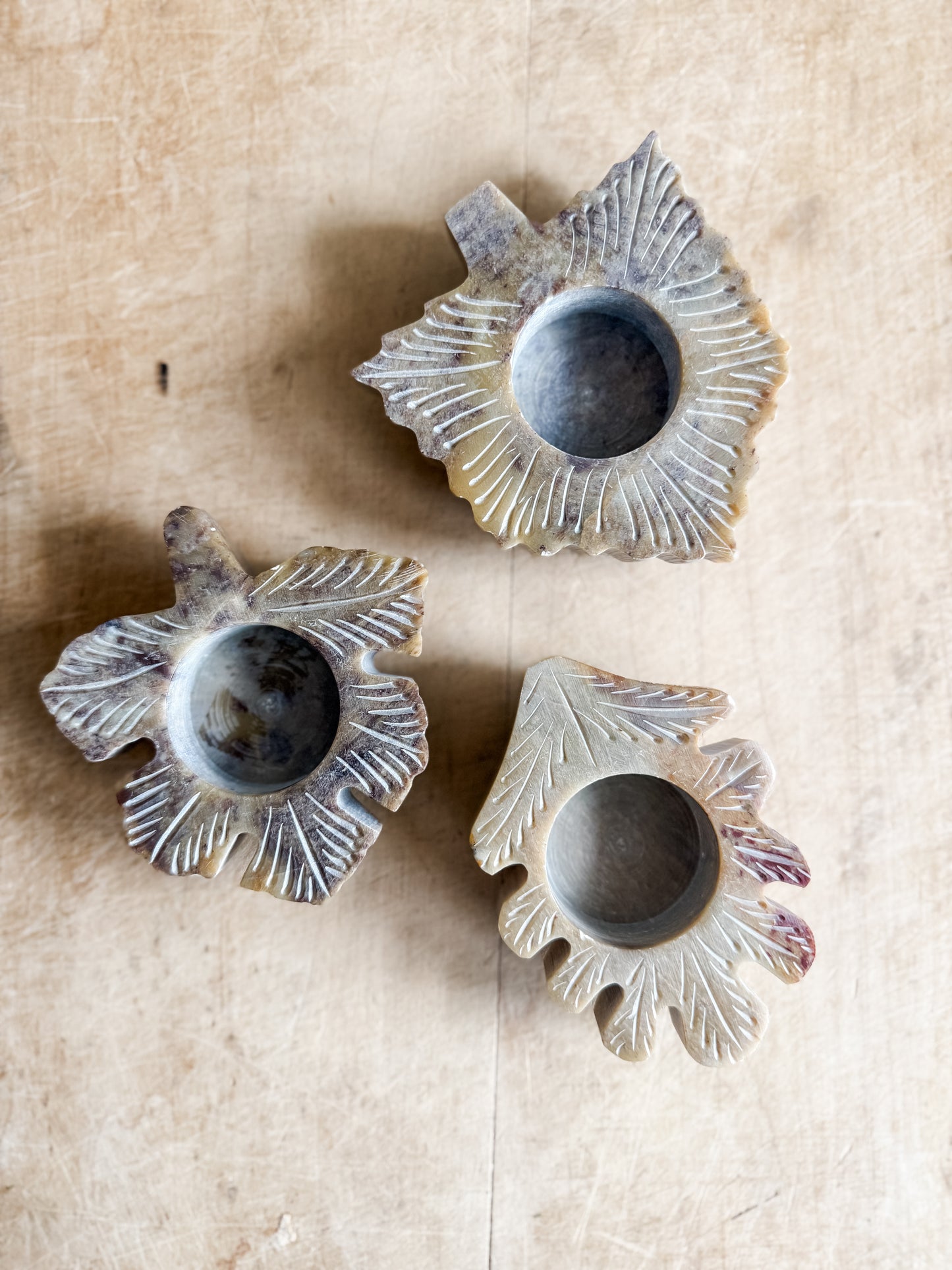 Set of Three Soapstone Leaf Shaped tea light holders