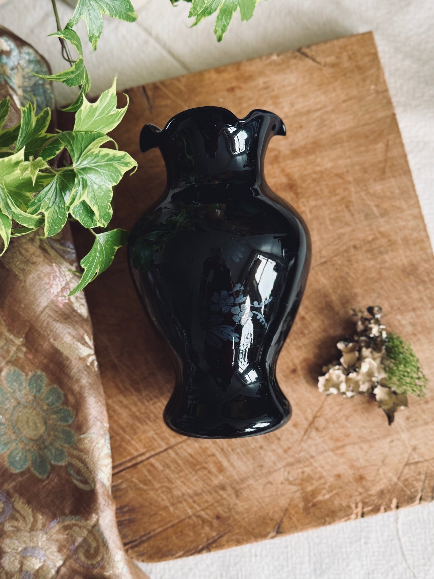 Vintage black amethyst ruffled vase with floral design