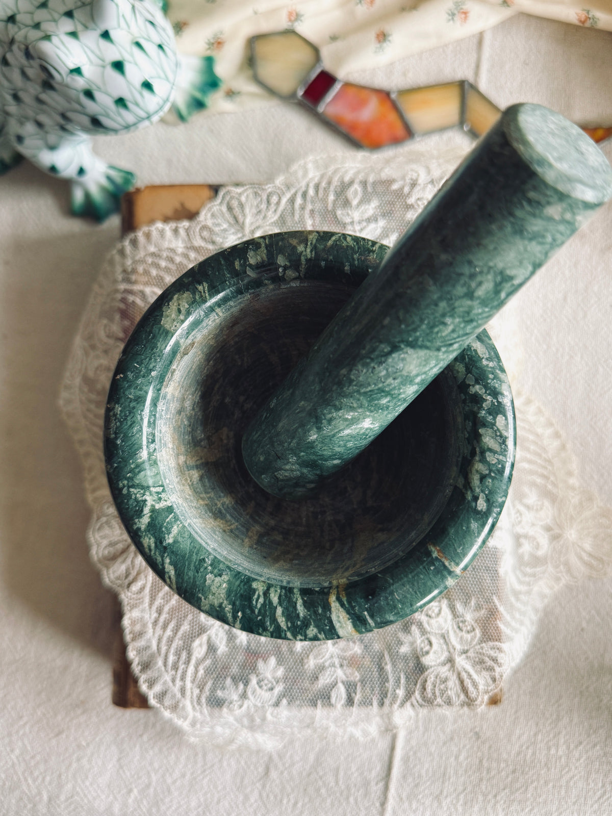 Green marble mortar and pestle