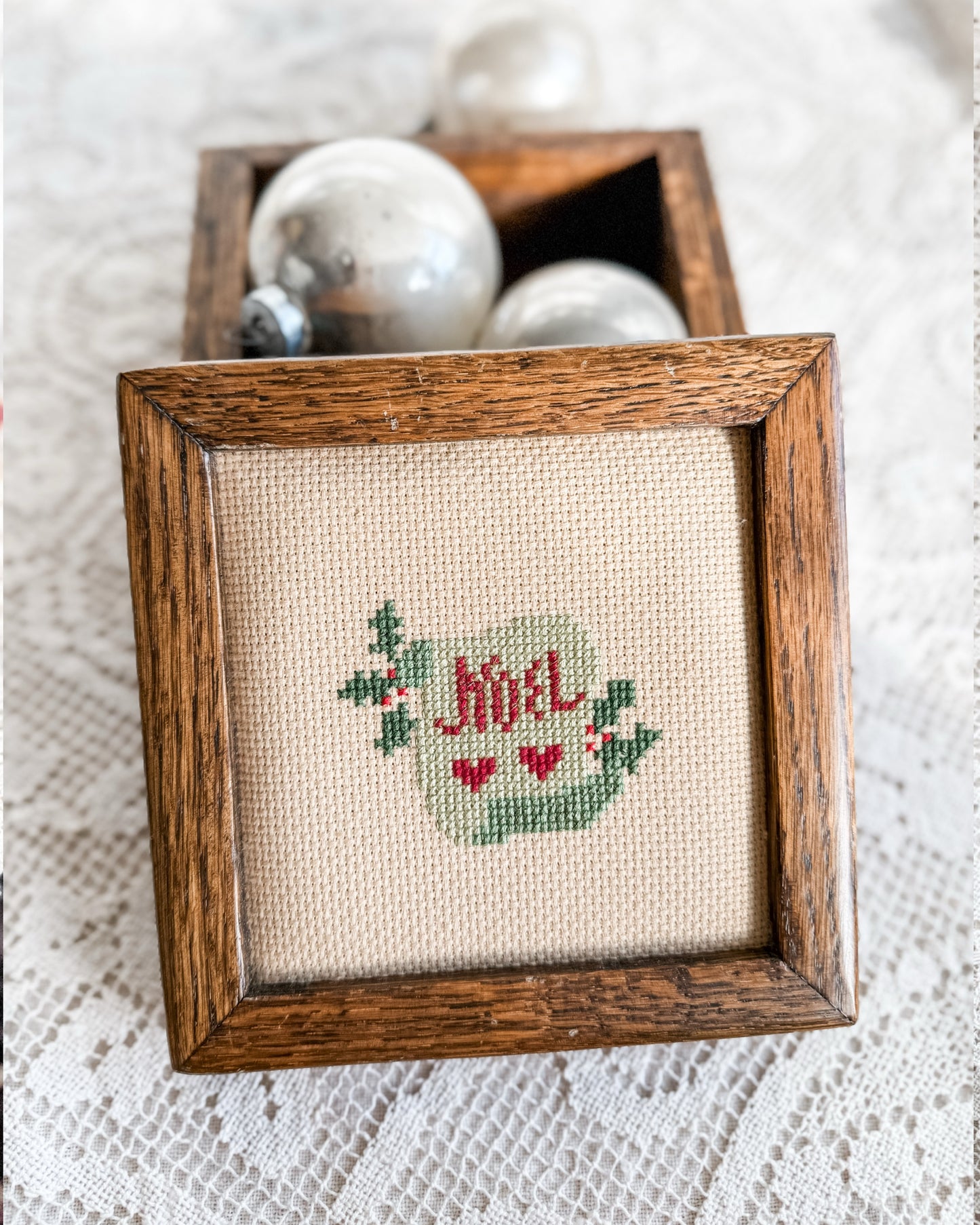 Wooden Box with cross stitched NOEL