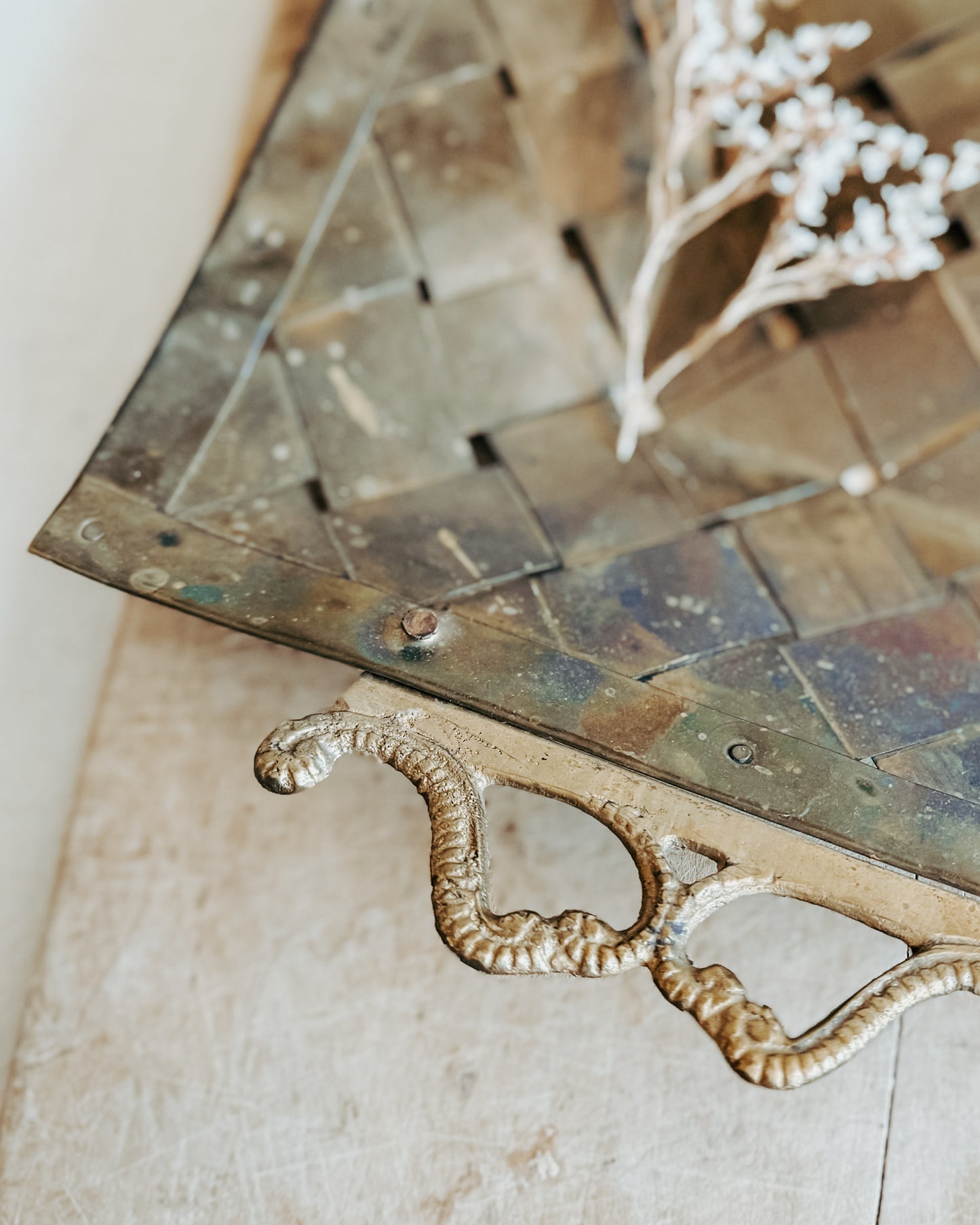 Woven Brass Metal Tray with ornate Handles