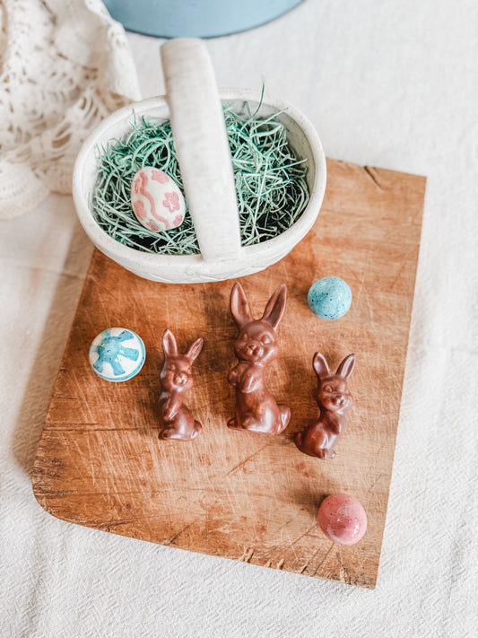 Ceramic Basket with Eggs and Chocolate Bunnies | Shop Sustainable Antiques/Vintage Boutique | Easter Spring Home Decor