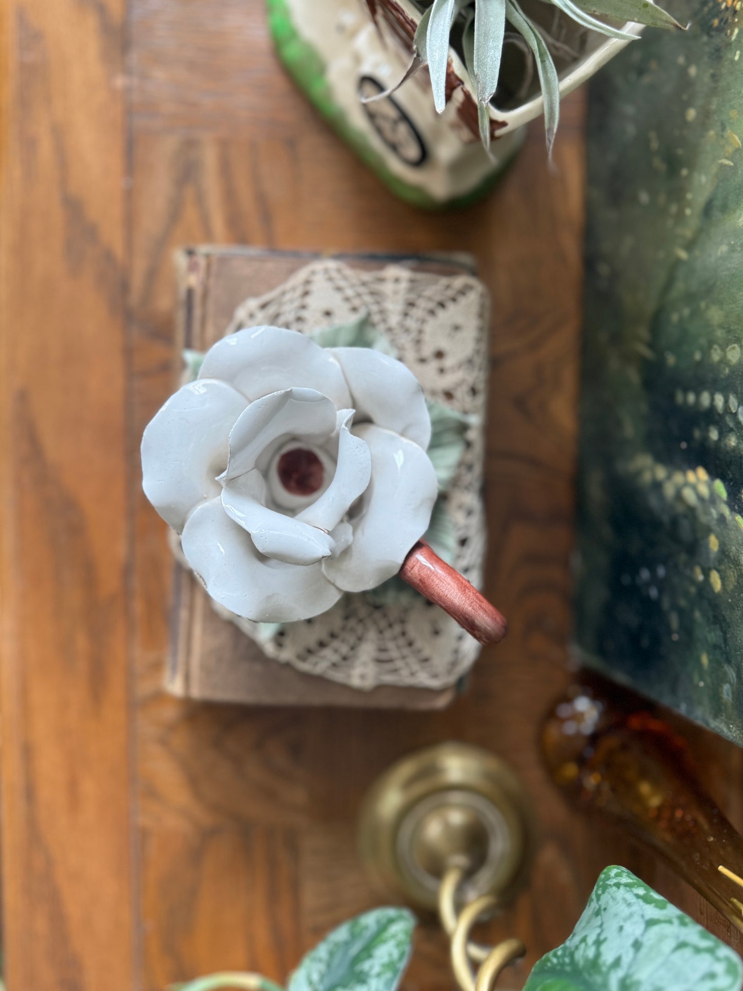 Italian White Rose Capodimonte Candle Holder