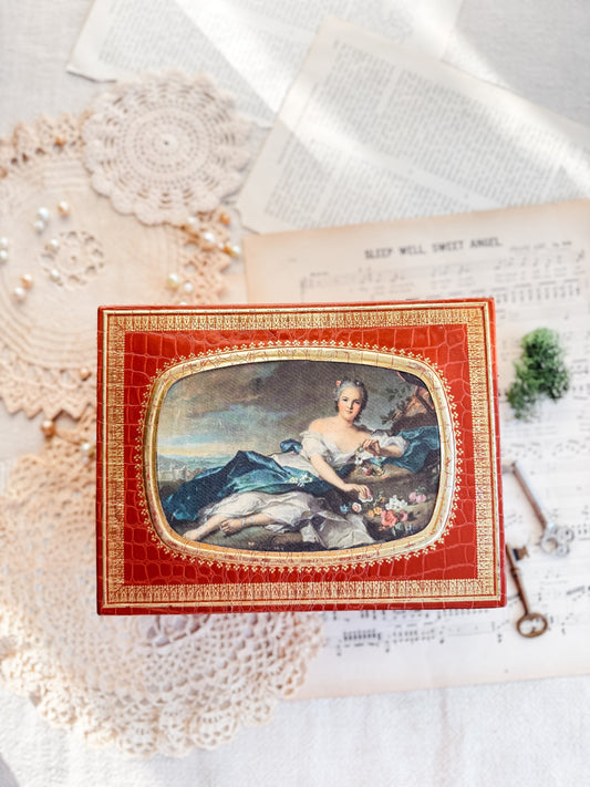 Faux Leather covered jewelry box with fabric insert of a portrait of a woman