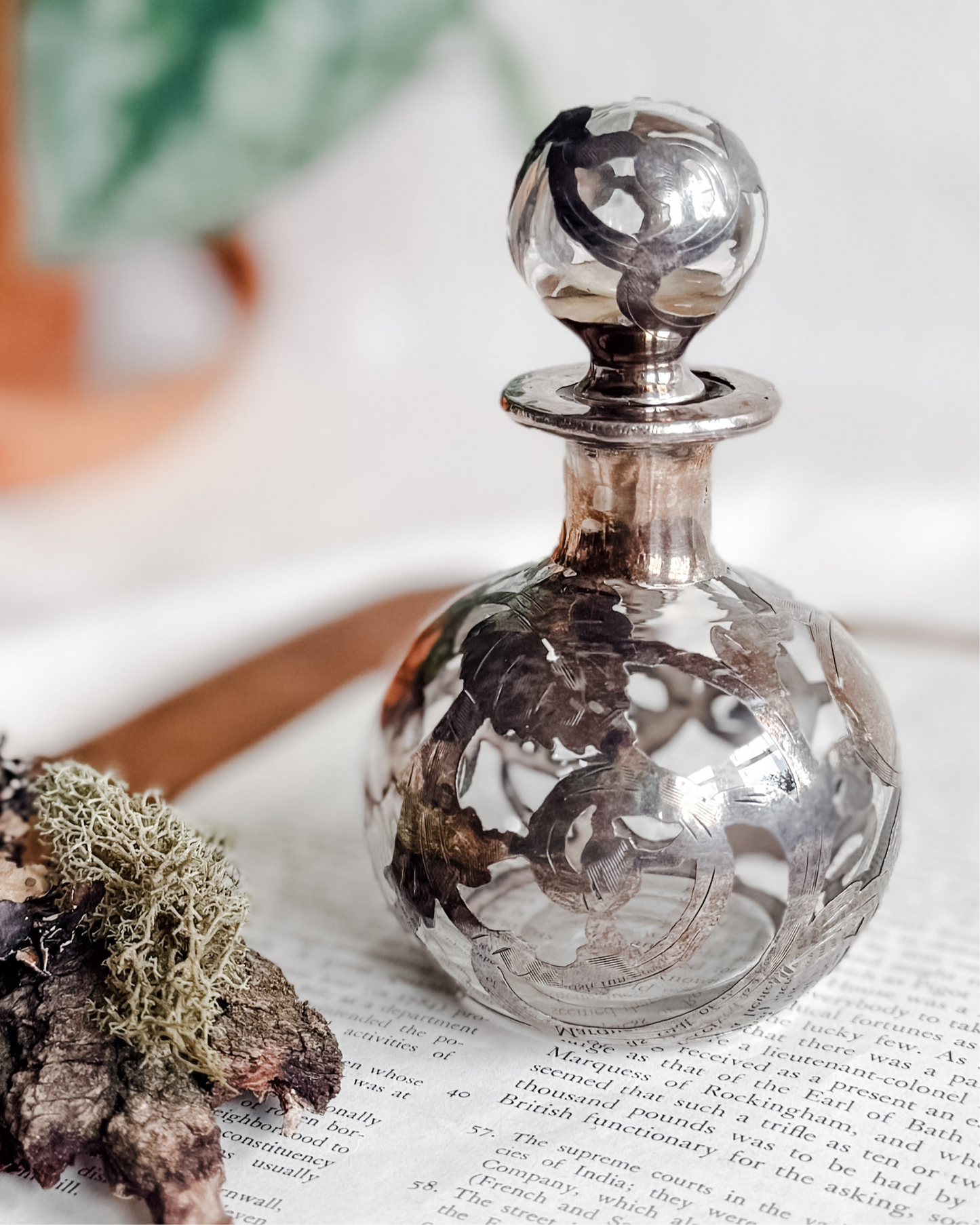 Antique Victorian Art Nouveau Glass Perfume Bottle with Sterling Silver Overlay