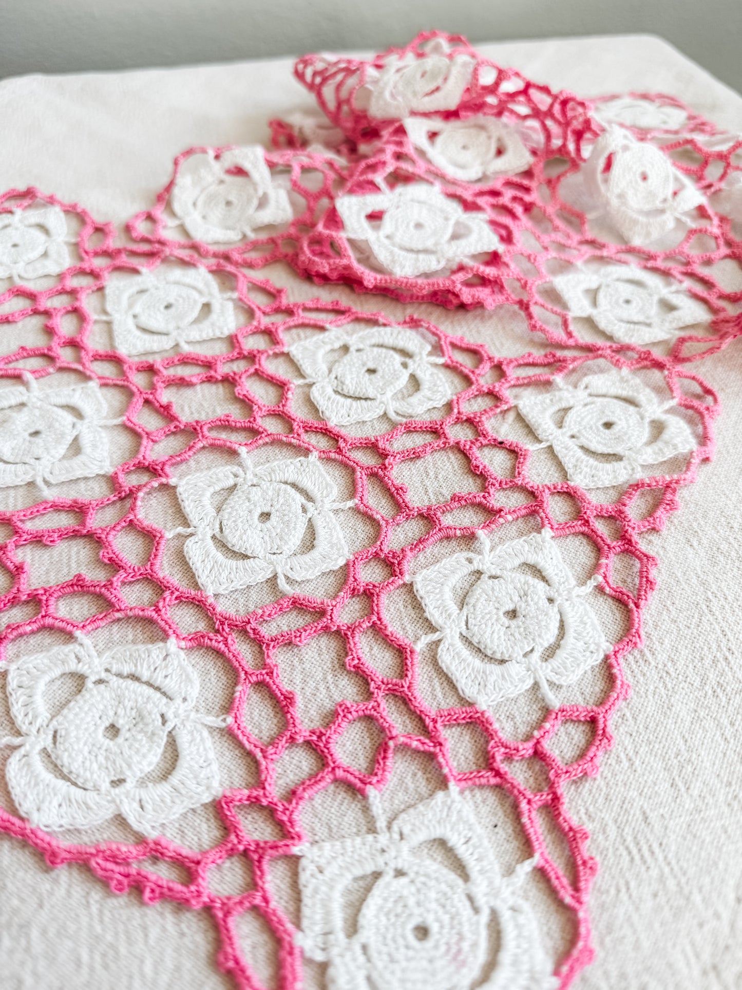 Pink and White Crocheted 3 Piece Doily Set