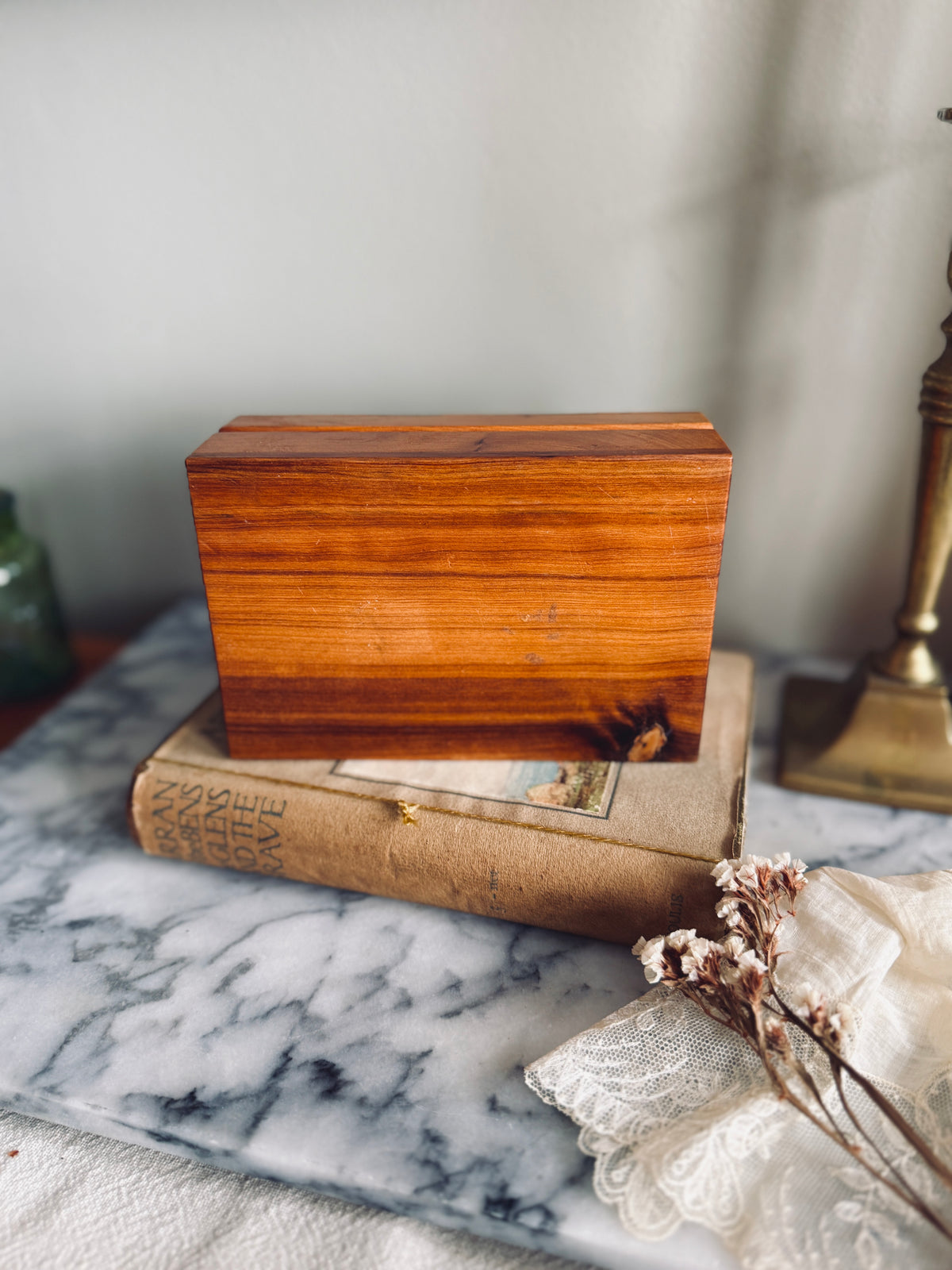 Handcrafted wooden burl wood box with intricate inlay lid