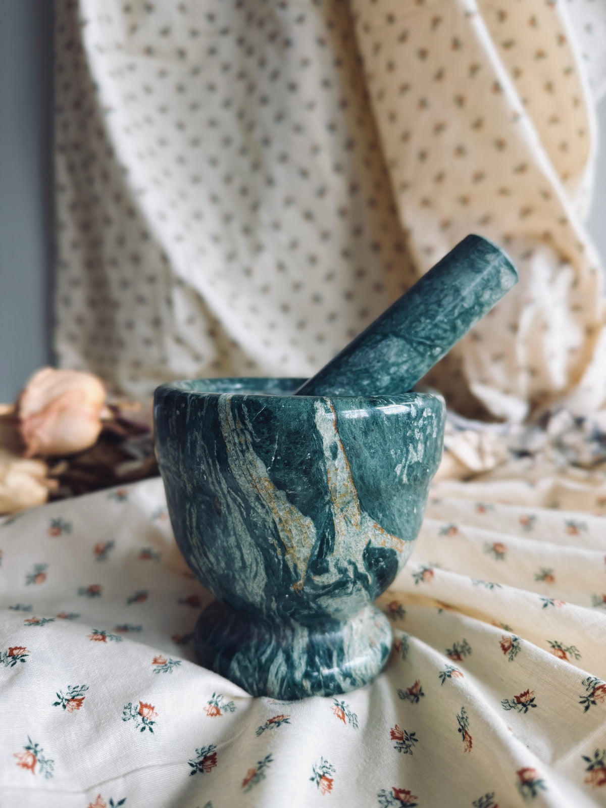 Green marble mortar and pestle