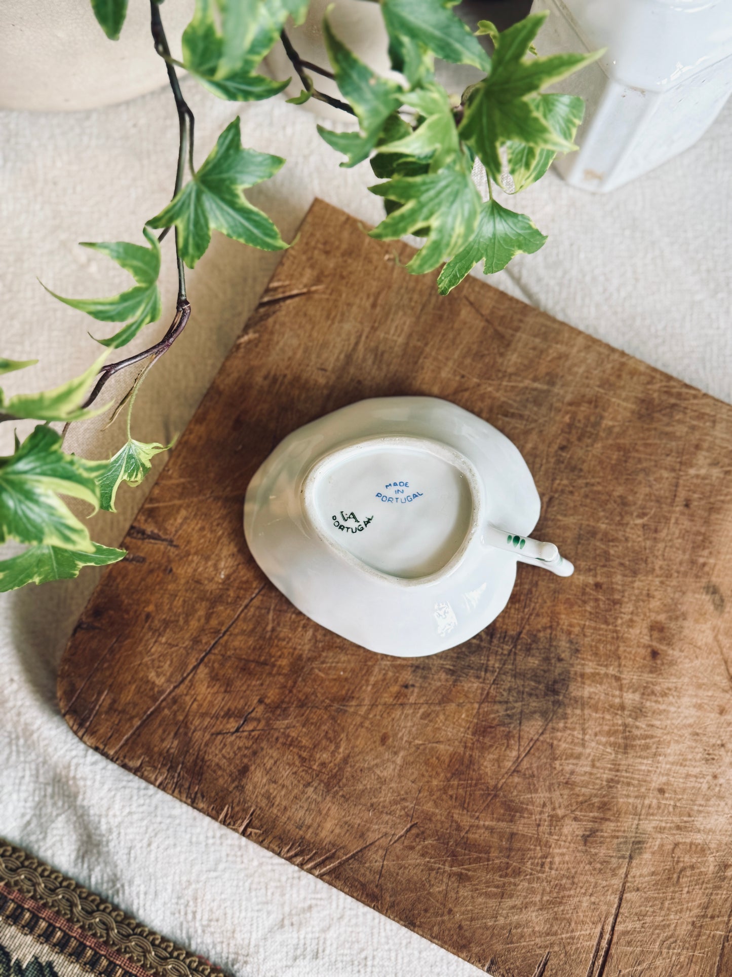 Small rare porcelain leaf dish with handle