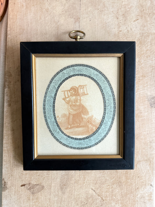 Framed antique art print of a girl and her dog