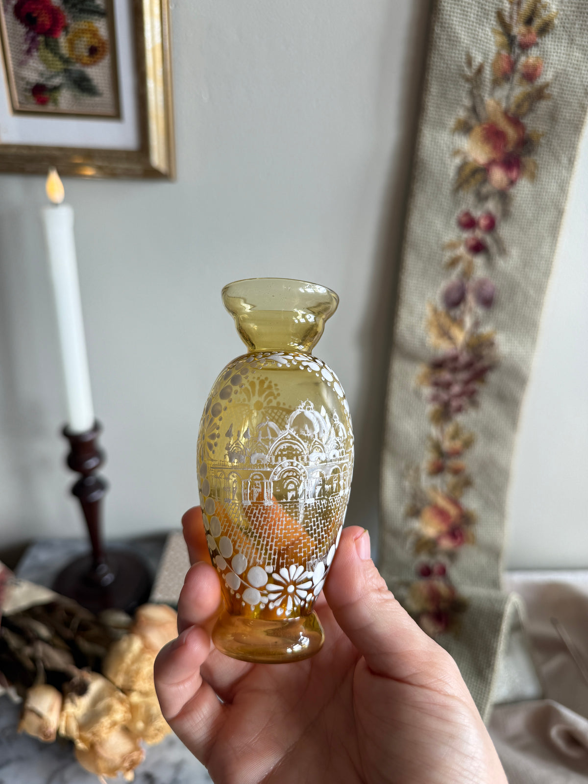 Handpainted Amber Bud vase