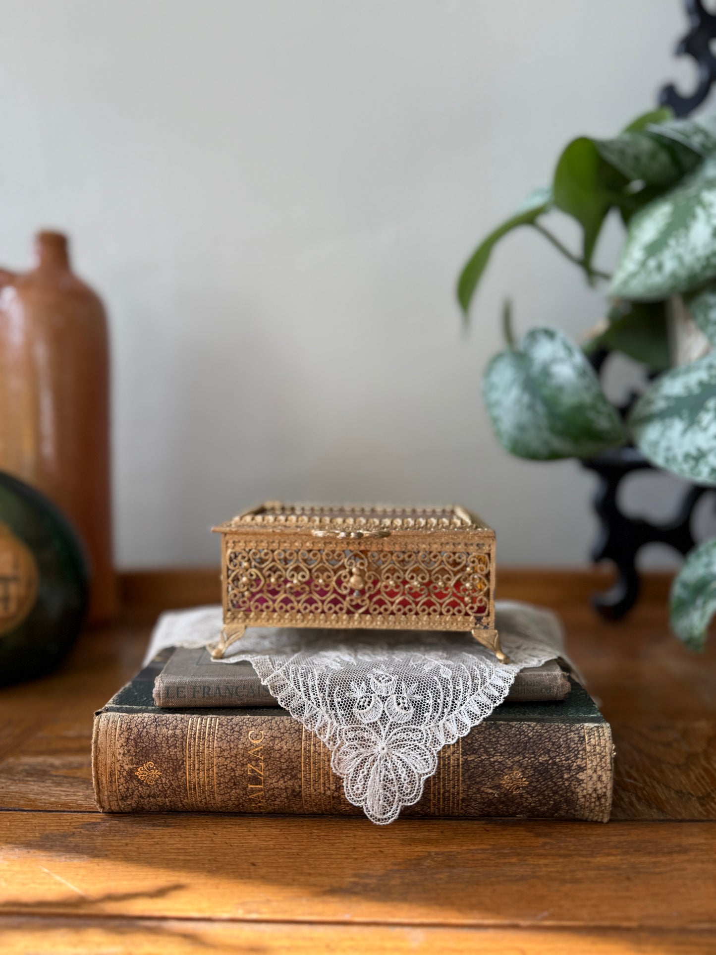 Vintage Ormolu Glass Jewelry Casket
