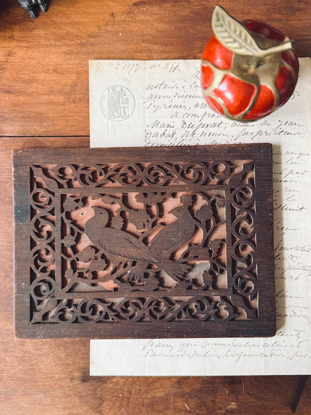 Wooden carved relief panel with birds