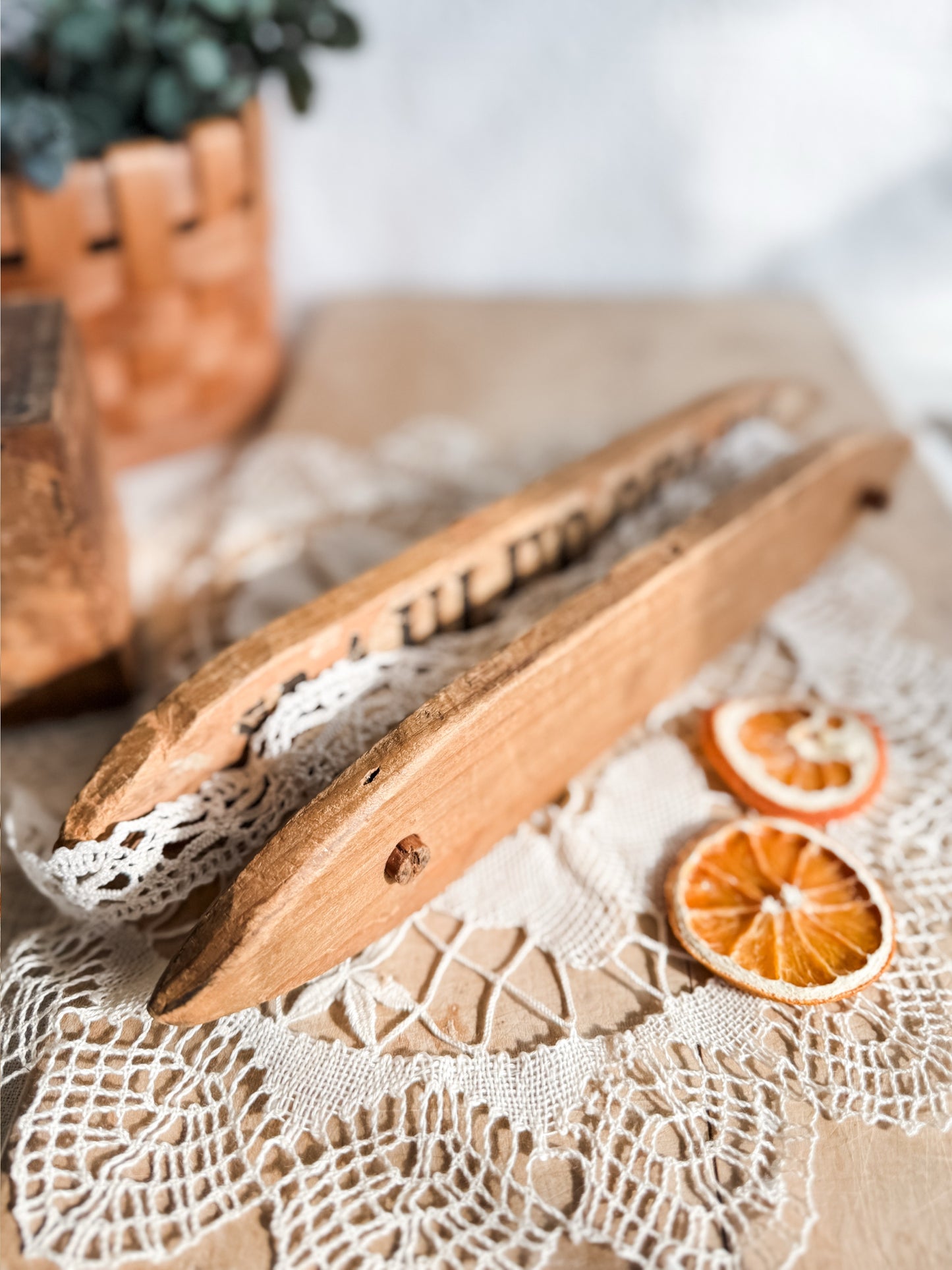 Primitive ribbon or twine holder made from an antique seed advertising box