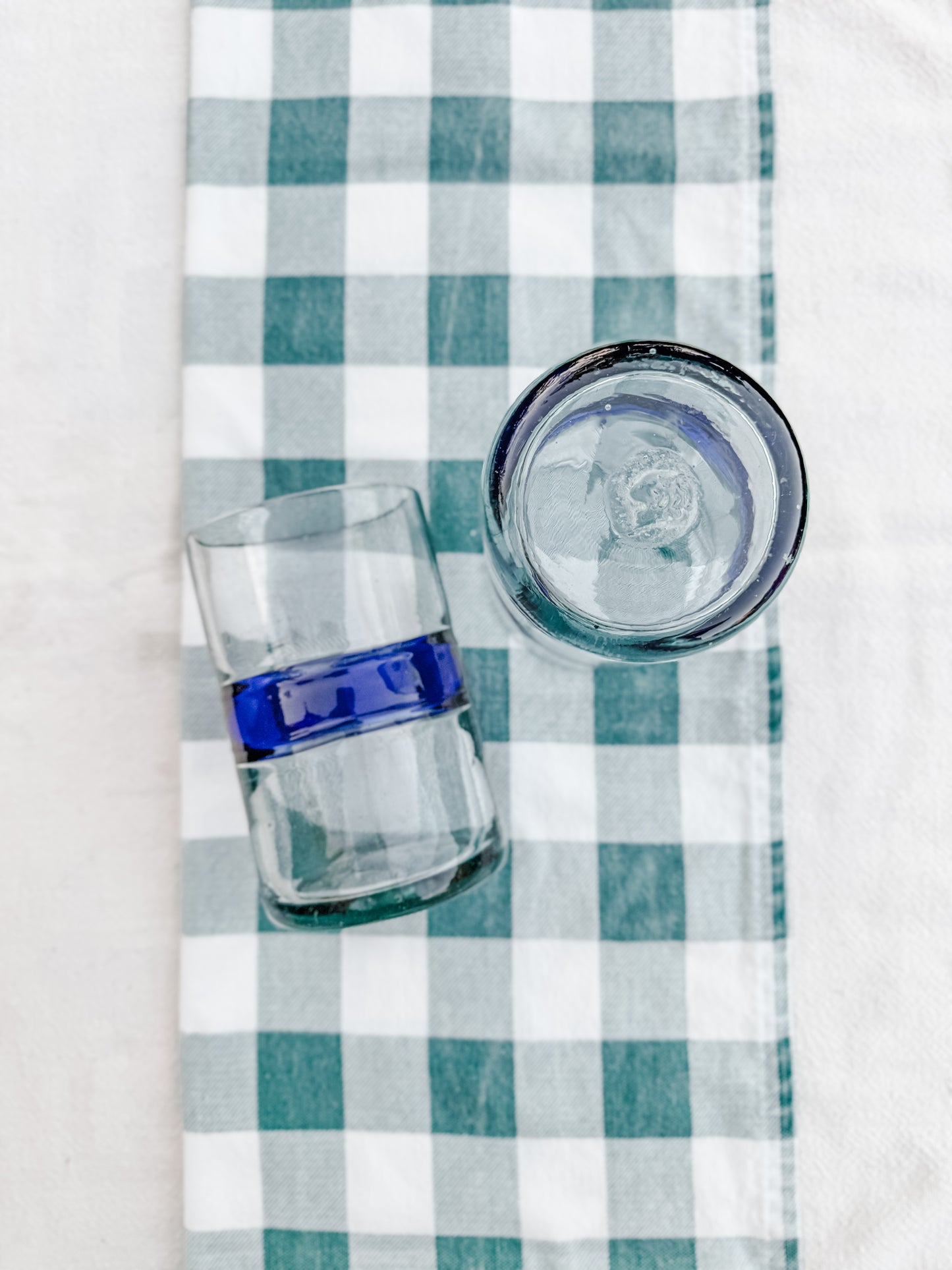 Set of 4 Hand blown Mexican glasses with Blue accent