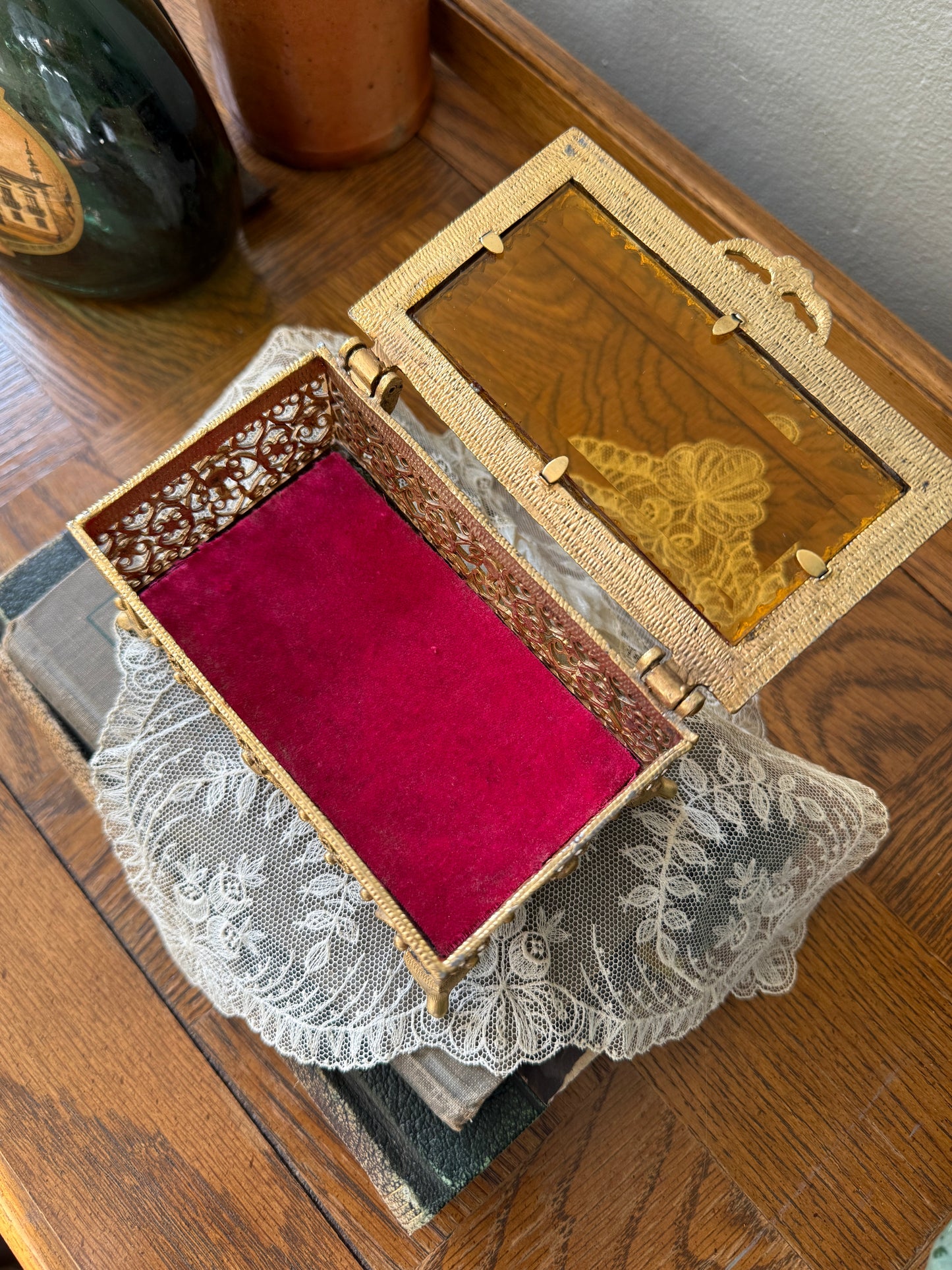 Vintage Ormolu Glass Jewelry Casket