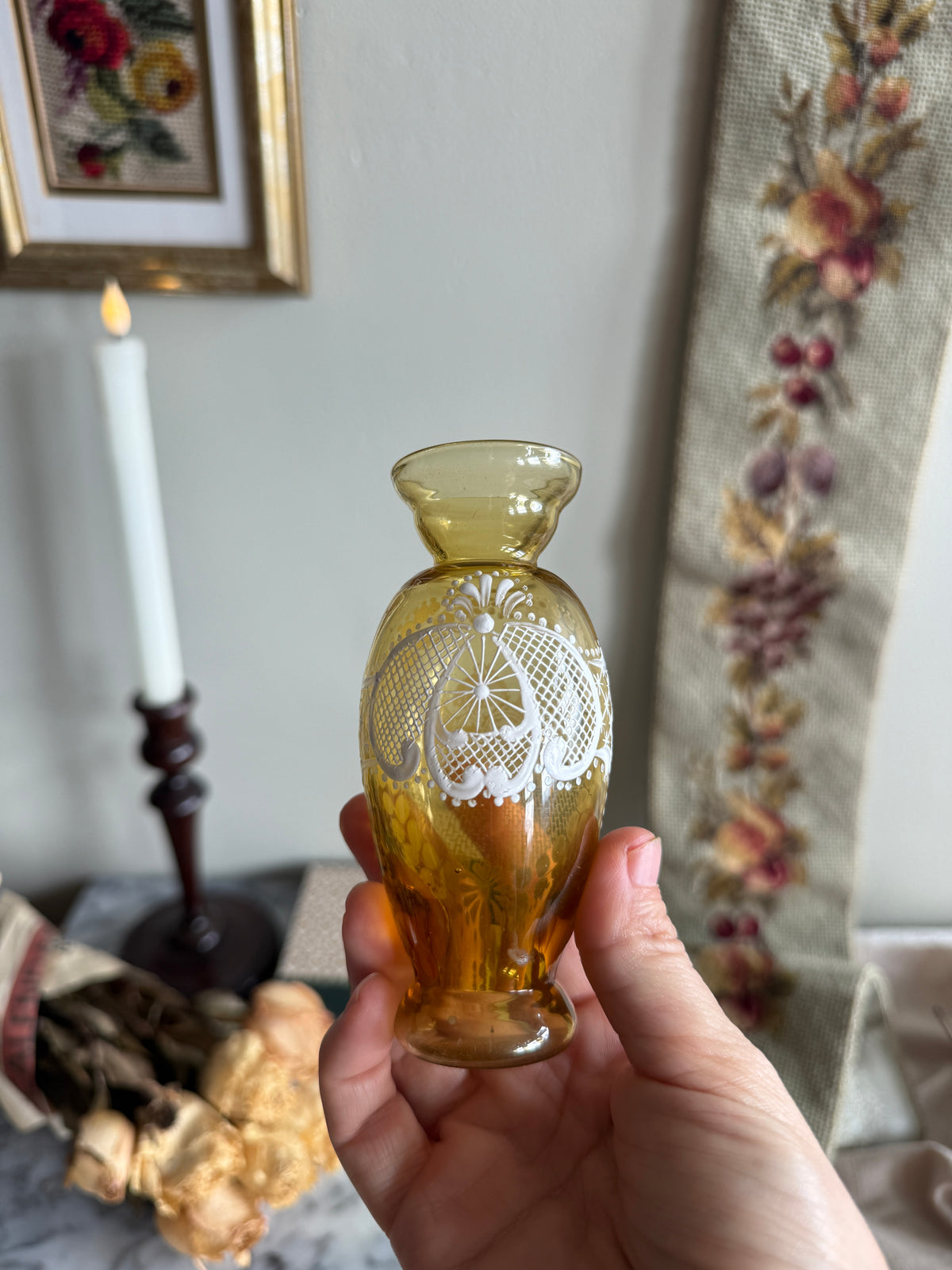 Handpainted Amber Bud vase